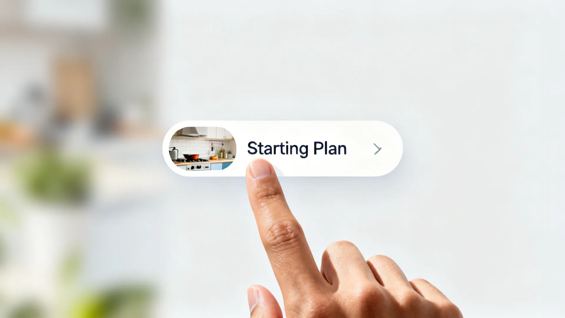 Macro of a hand selecting a small-kitchen preset on a clean planner UI.