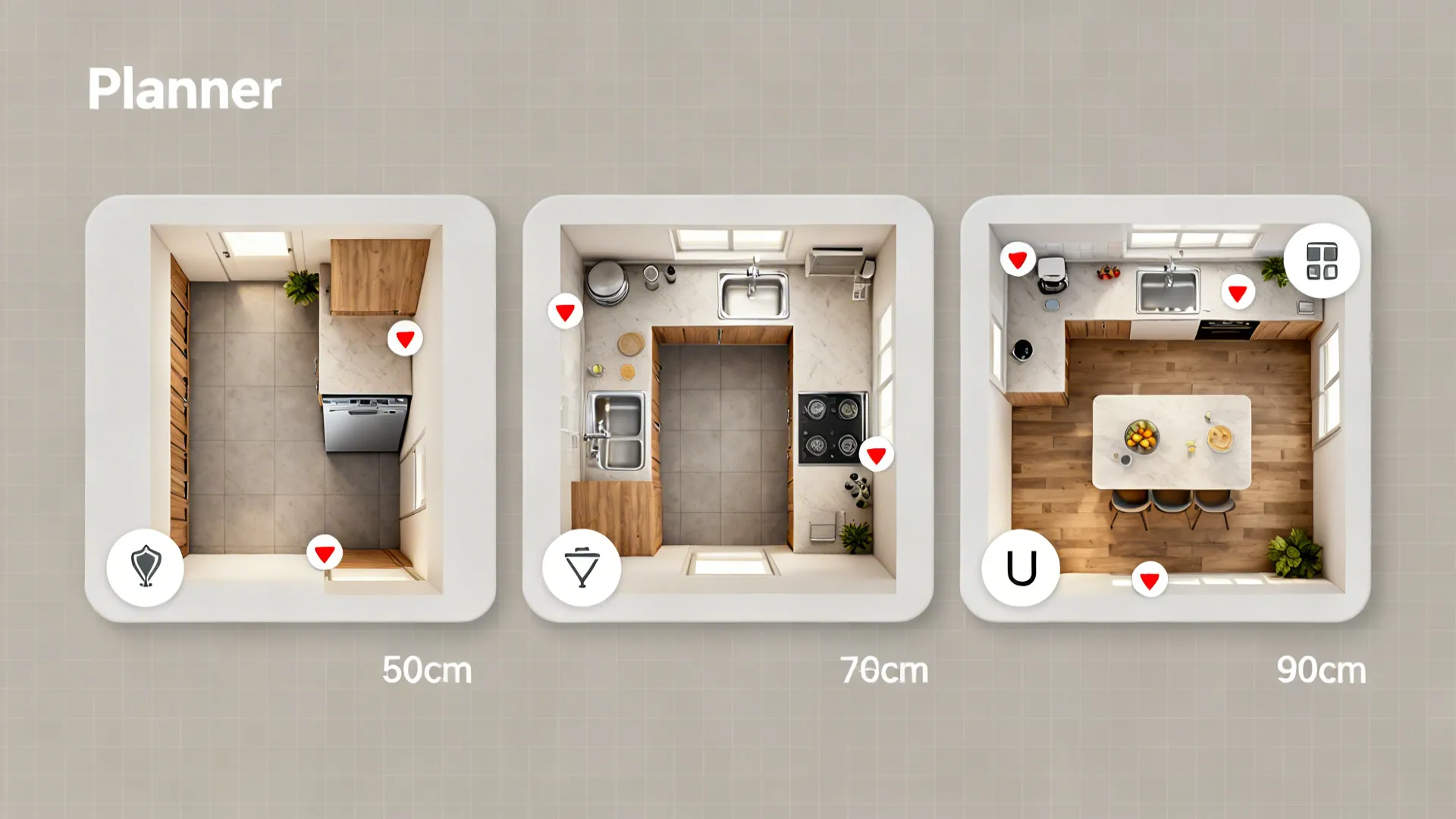 Three top-down preset tiles for galley, L-shaped, and U-shaped small kitchens.