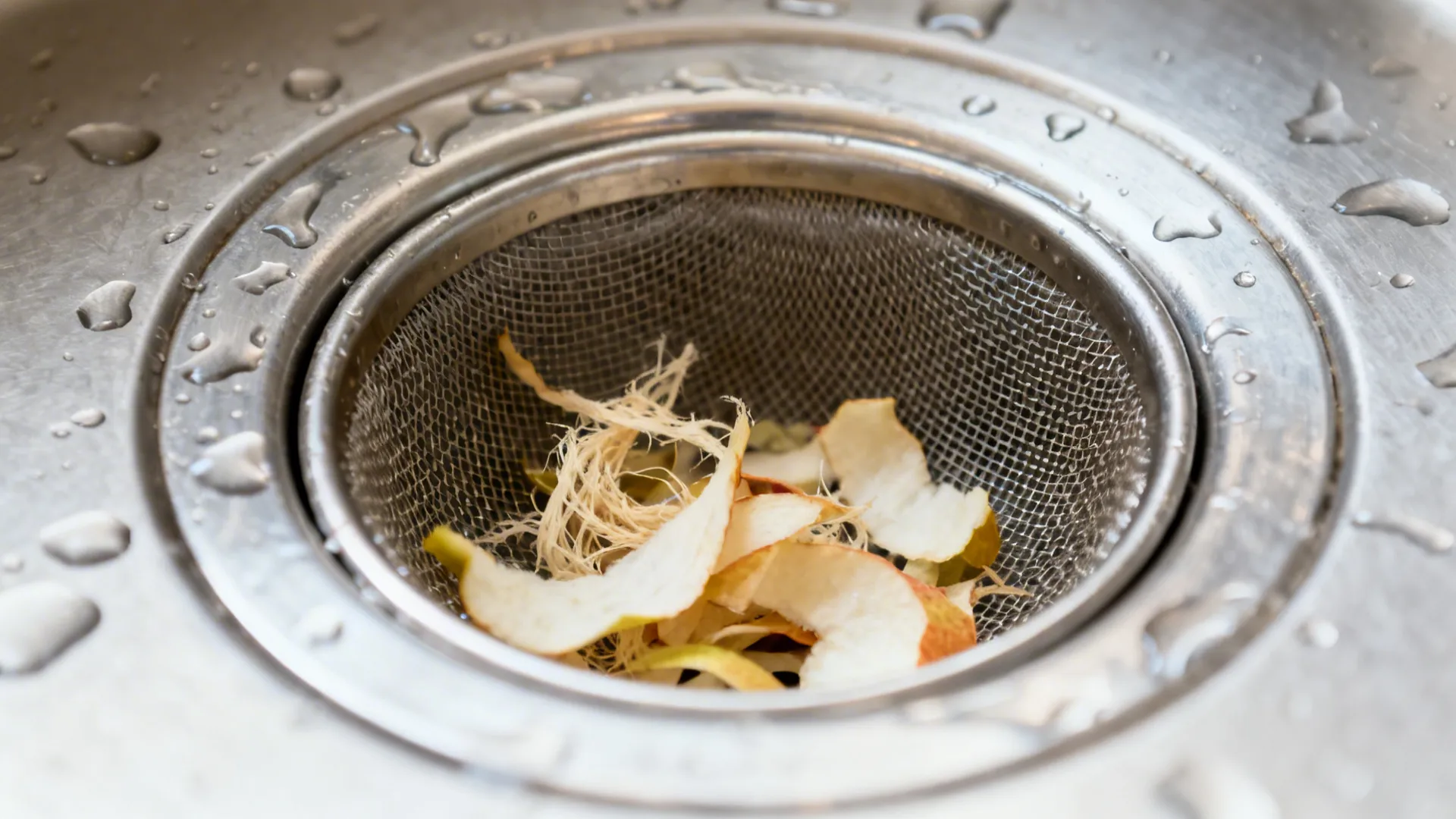 Macro of a stainless sink strainer with fibrous peels separated from soft scraps.