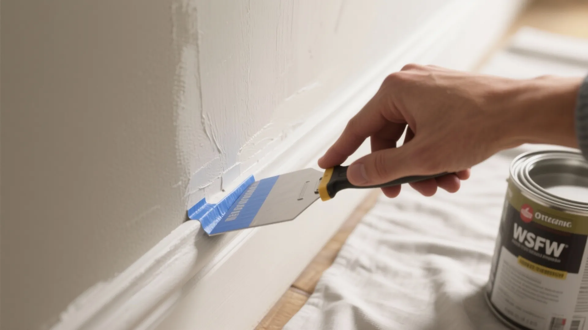 Hand using a metal tool to press blue tape onto a white wall panel edge
