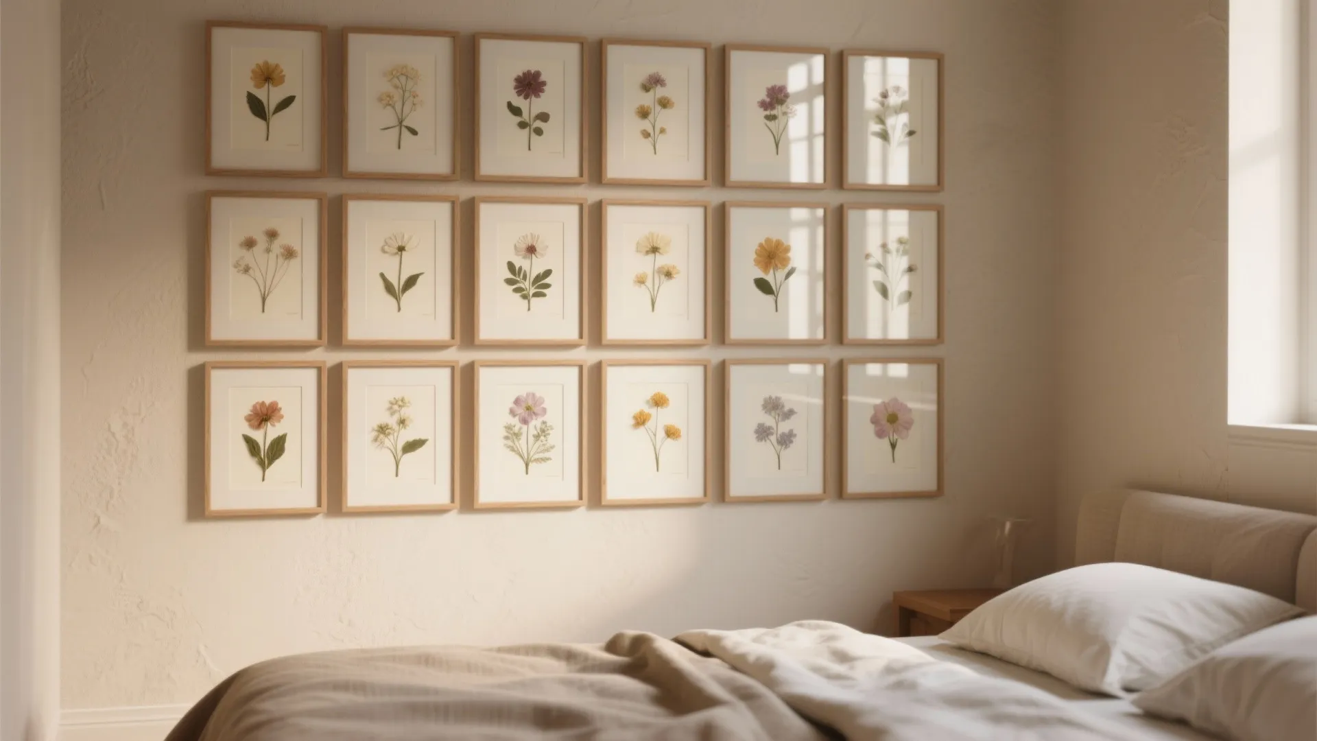 Gallery wall above bed featuring eighteen framed pressed flower art pieces in simple wooden frames