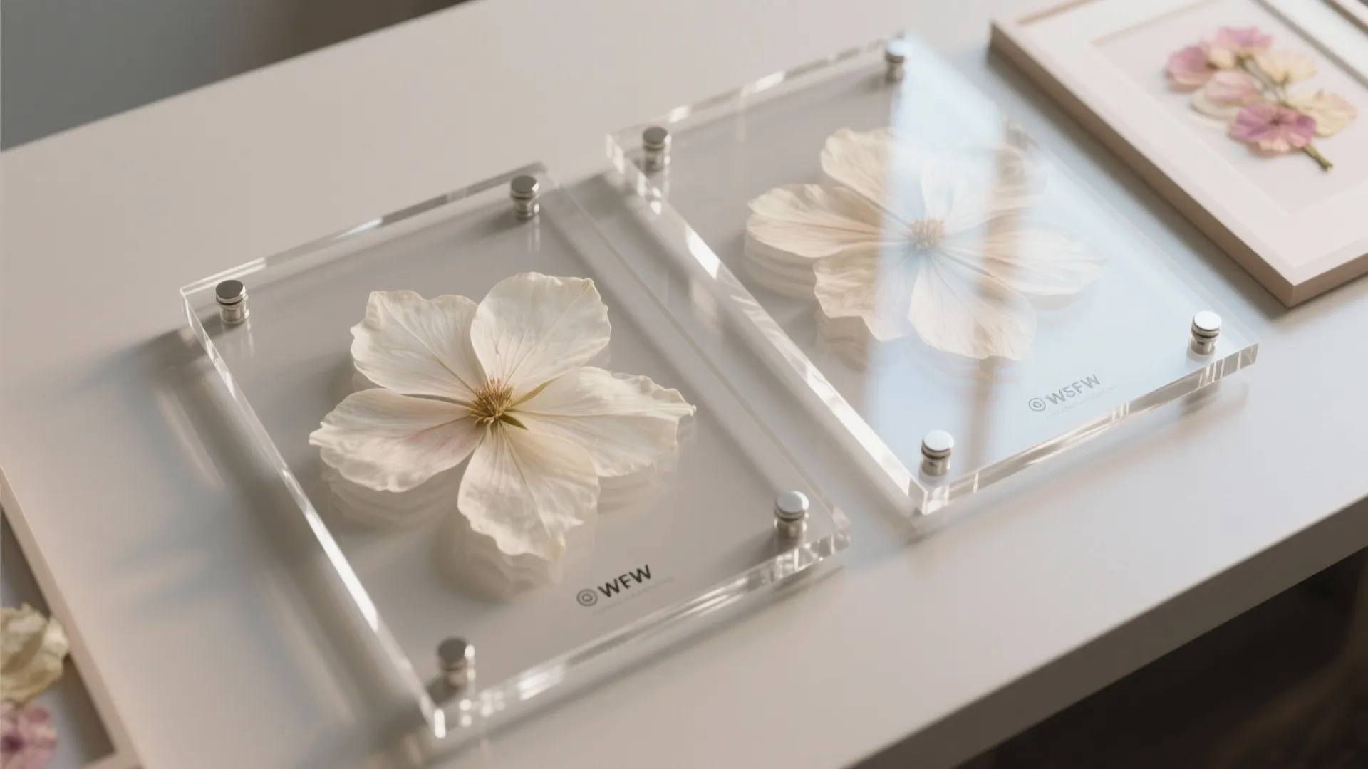 Two white dried flowers preserved inside clear glass frames with metal bolts on a white table
