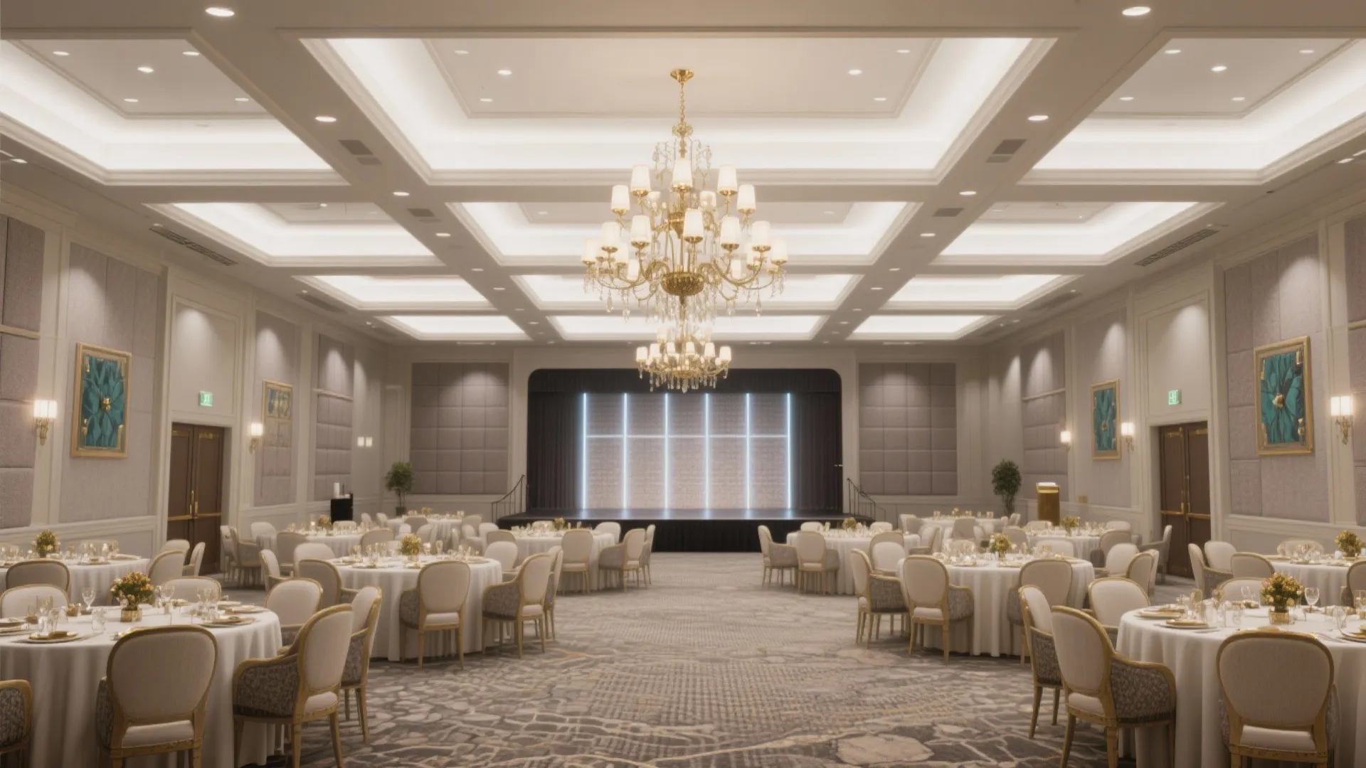 Elegant hotel banquet hall with large ceiling lights round dinner tables chairs and a stage