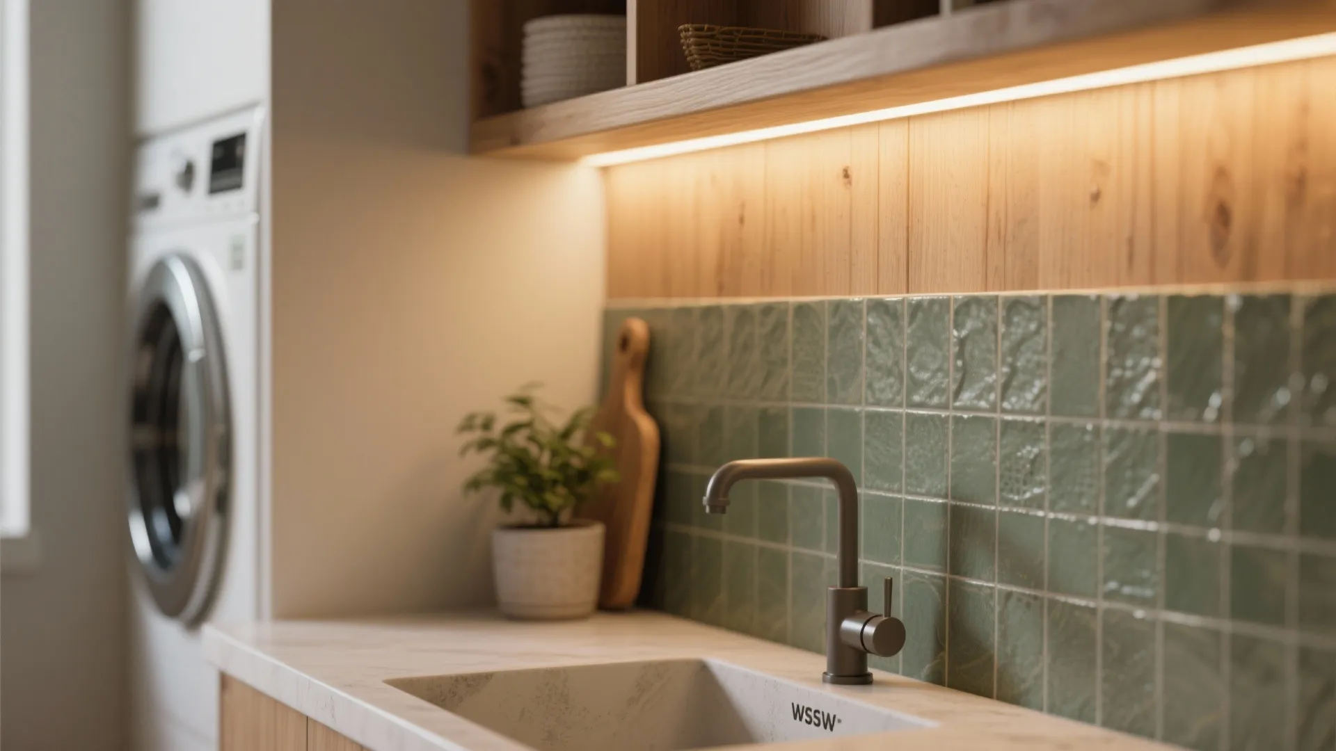Modern laundry room sink with green wall tiles wooden shelf and a washing machine nearby