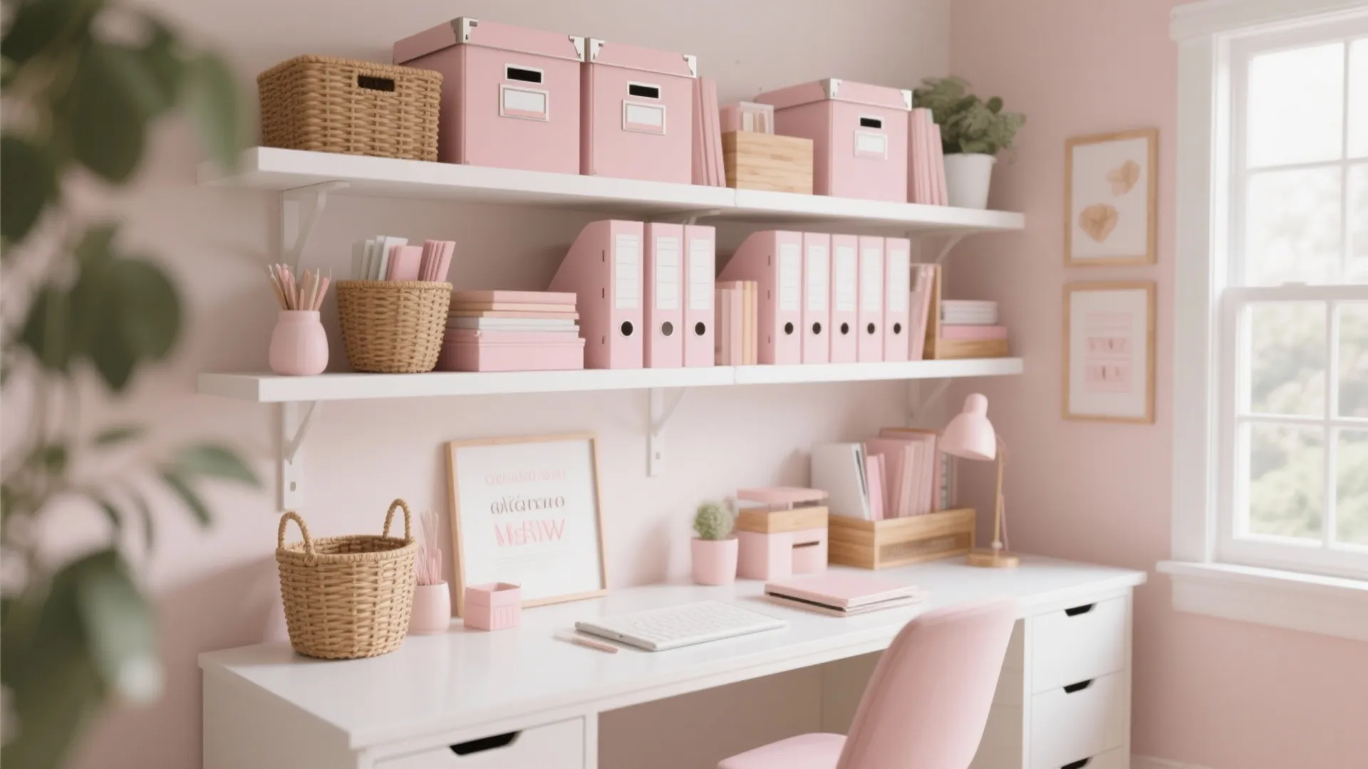 White floating wall shelves holding pink storage boxes binders and woven baskets above a white desk