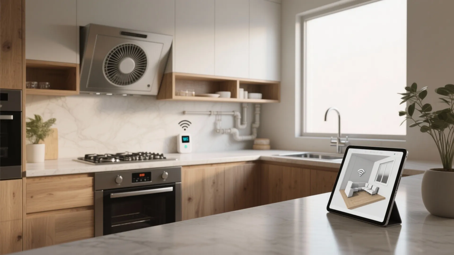 Modern kitchen with wood cabinets and smart tablet showing 3D interior design drawing under sunlight