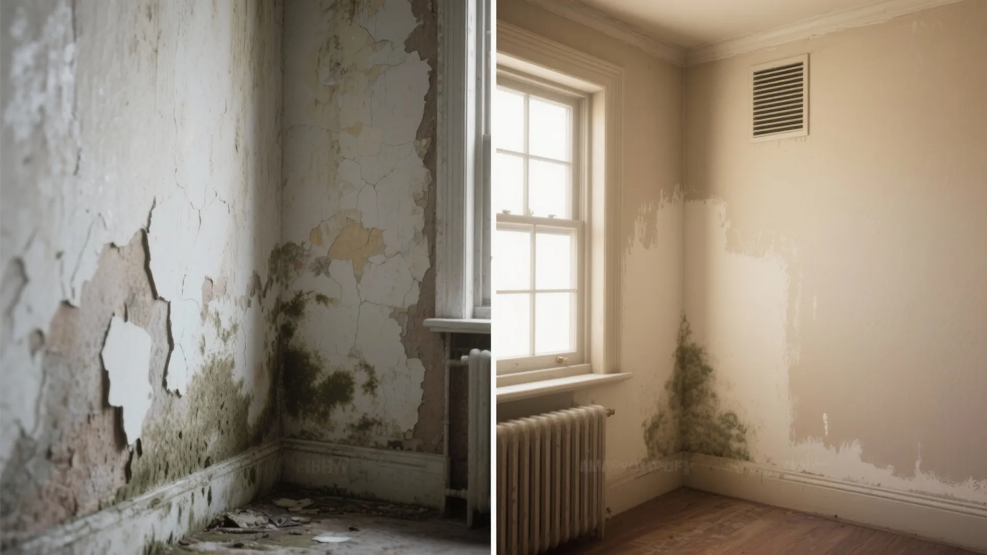 Side by side comparison showing a damaged wall with mold and a freshly painted room