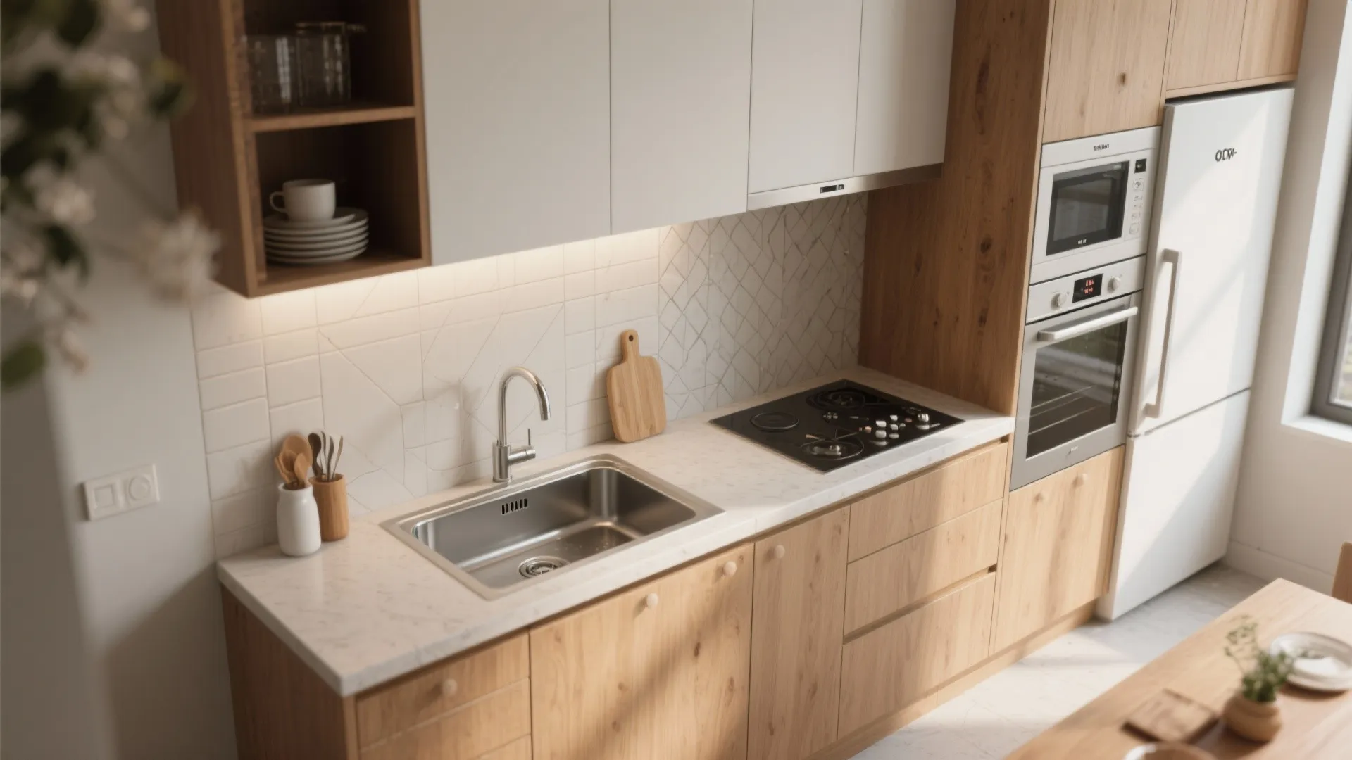 Compact kitchen with non-porous backsplash and appliance placement to reduce splash risk