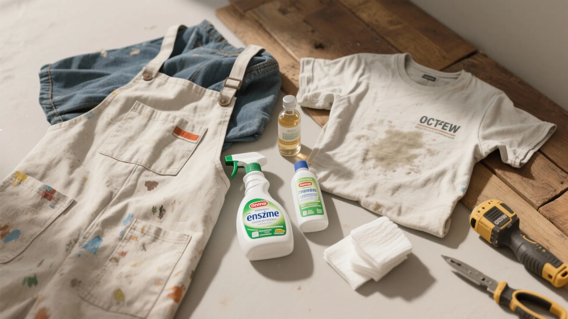 Flatlay of painter's smock, detergent, stain remover and cotton pads for preventive tips