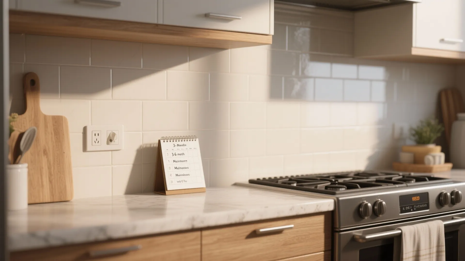 Kitchen counter with a small calendar next to a stove and wooden cutting board decor