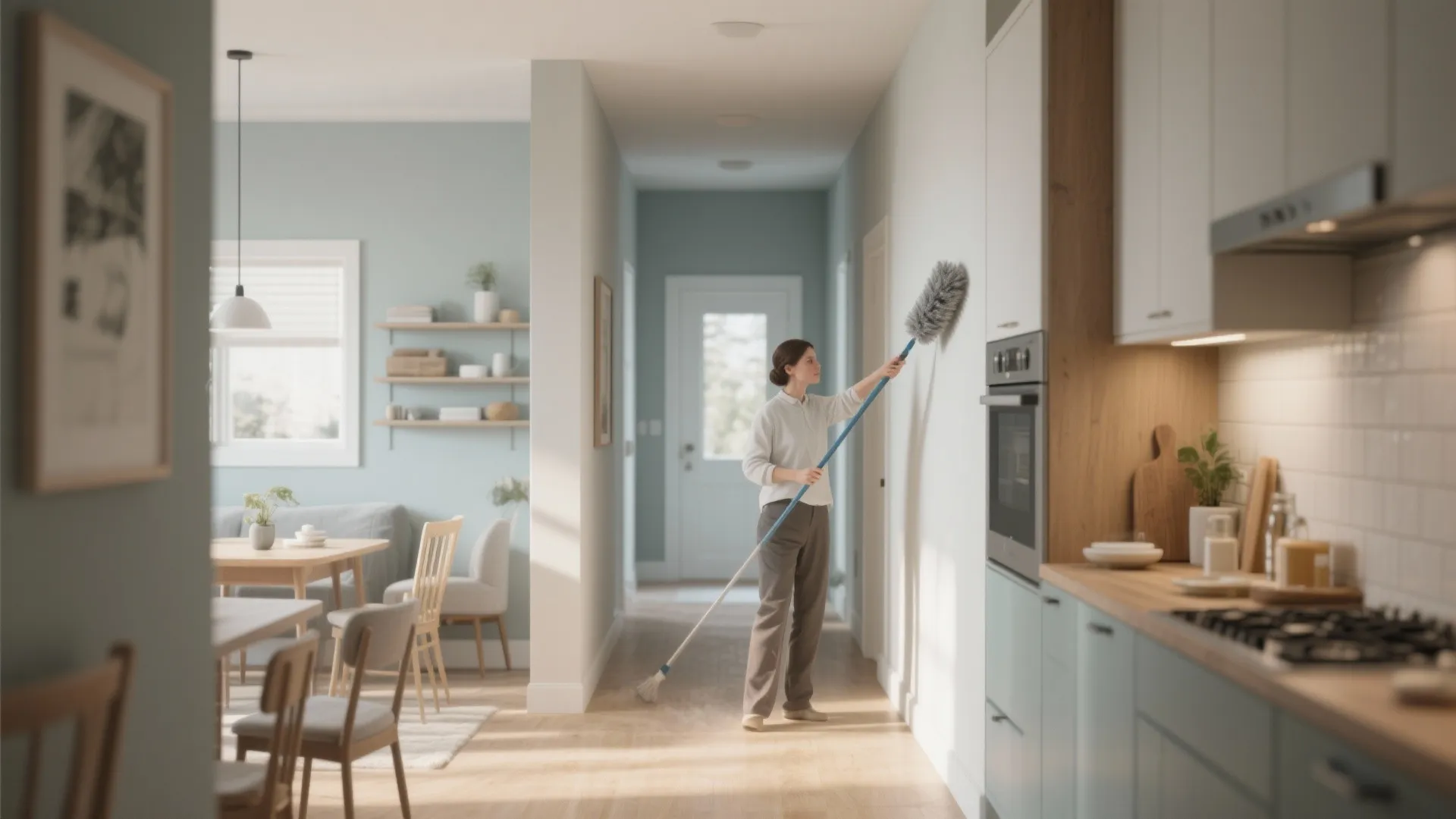 Woman using long brush to clean dust from light blue wall in modern home kitchen