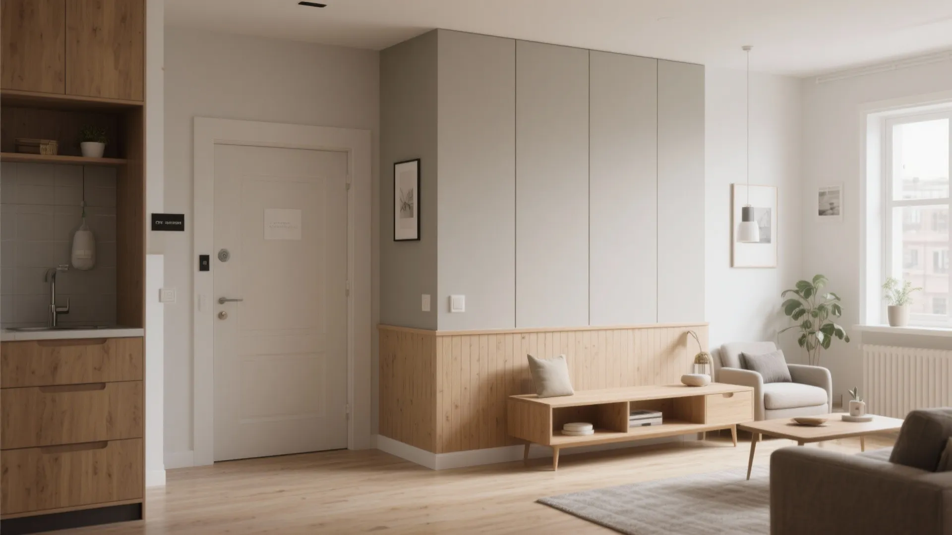 Small apartment interior showing furniture placed away from walls and a washable matte panel in a high-contact area.