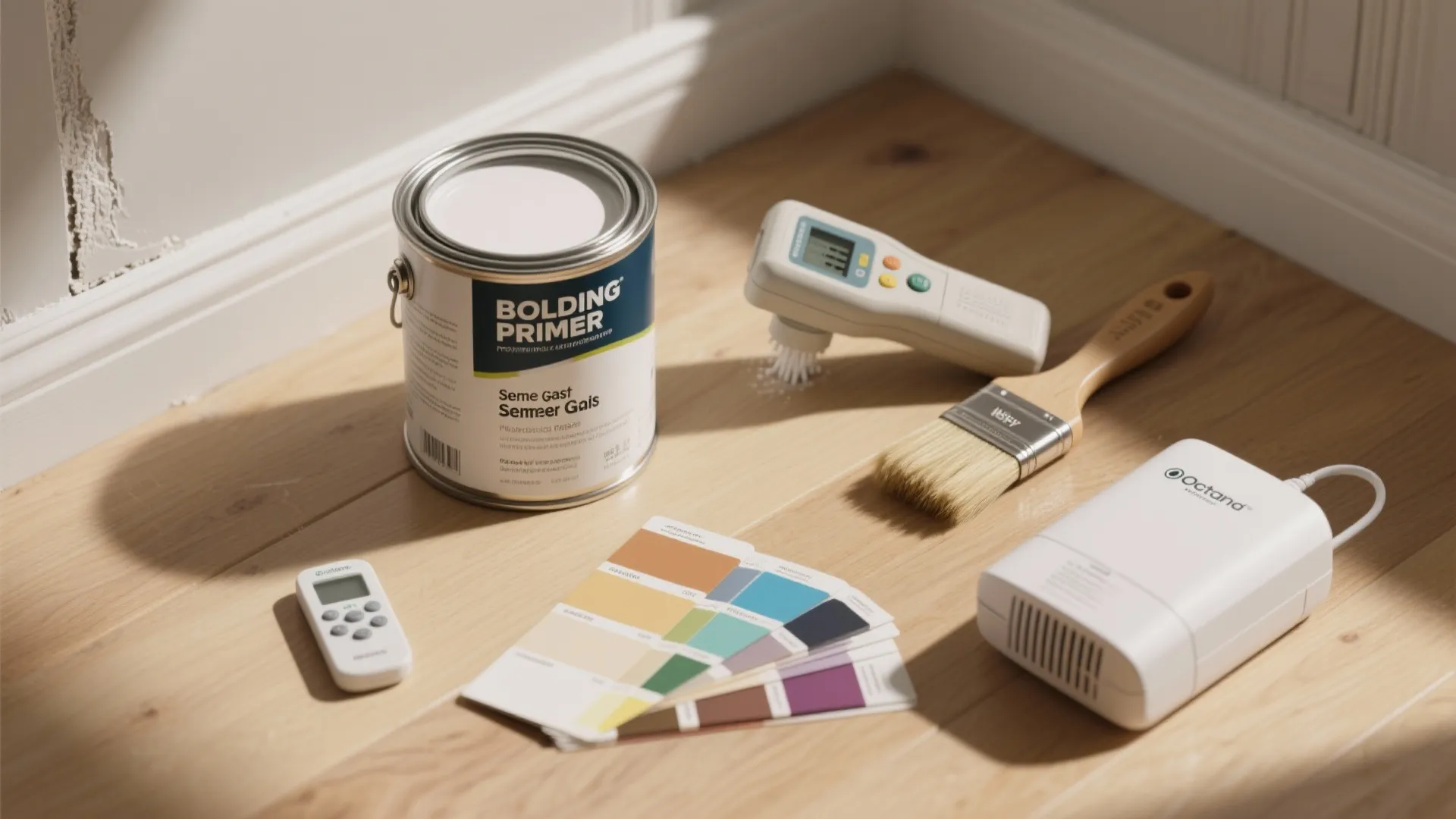 Flatlay of bonding primer, semi-gloss paint, moisture meter, and brushes for long-term wall protection.