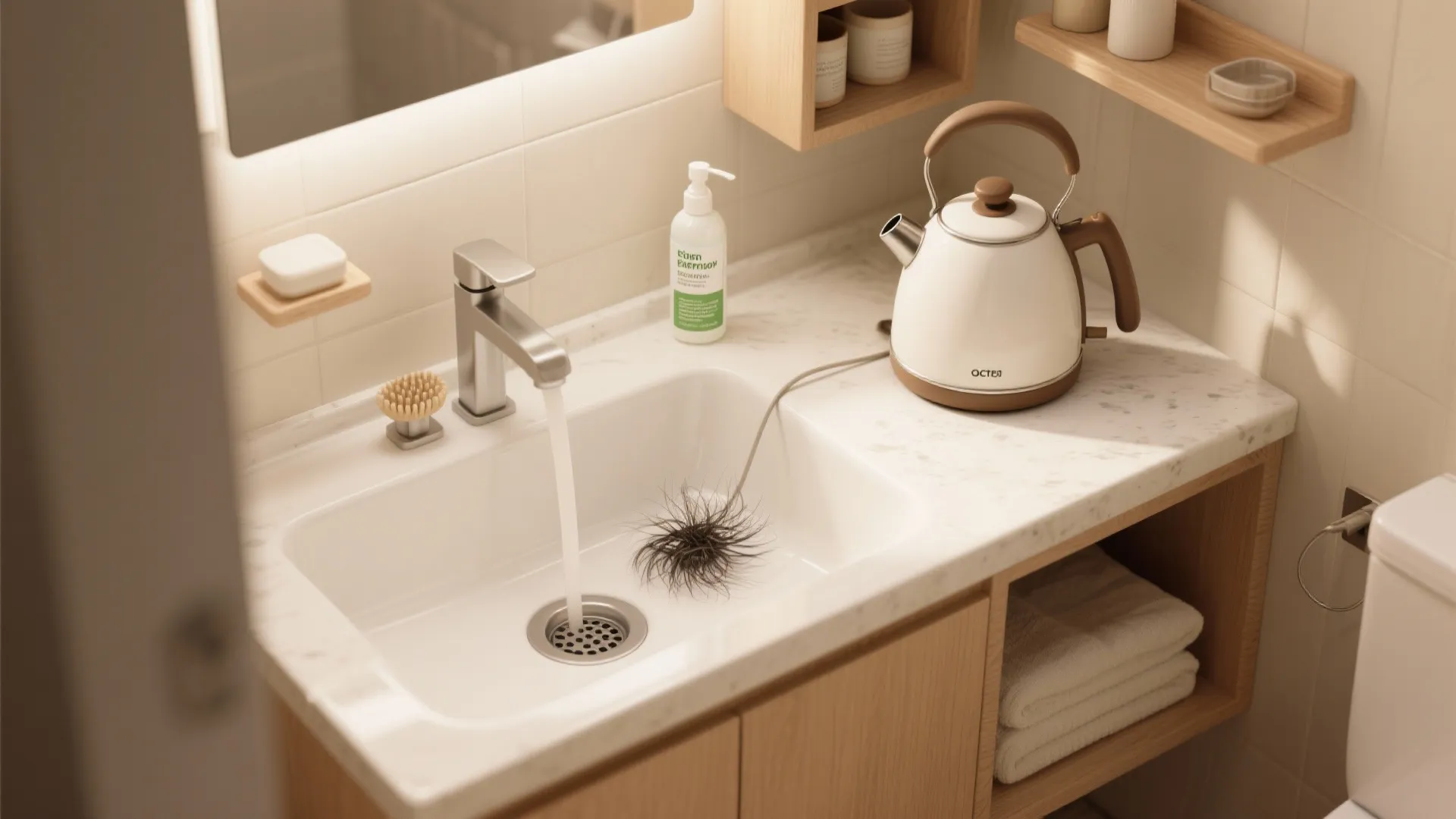 Bathroom sink with running water next to a kettle soap and wooden shelves for storage