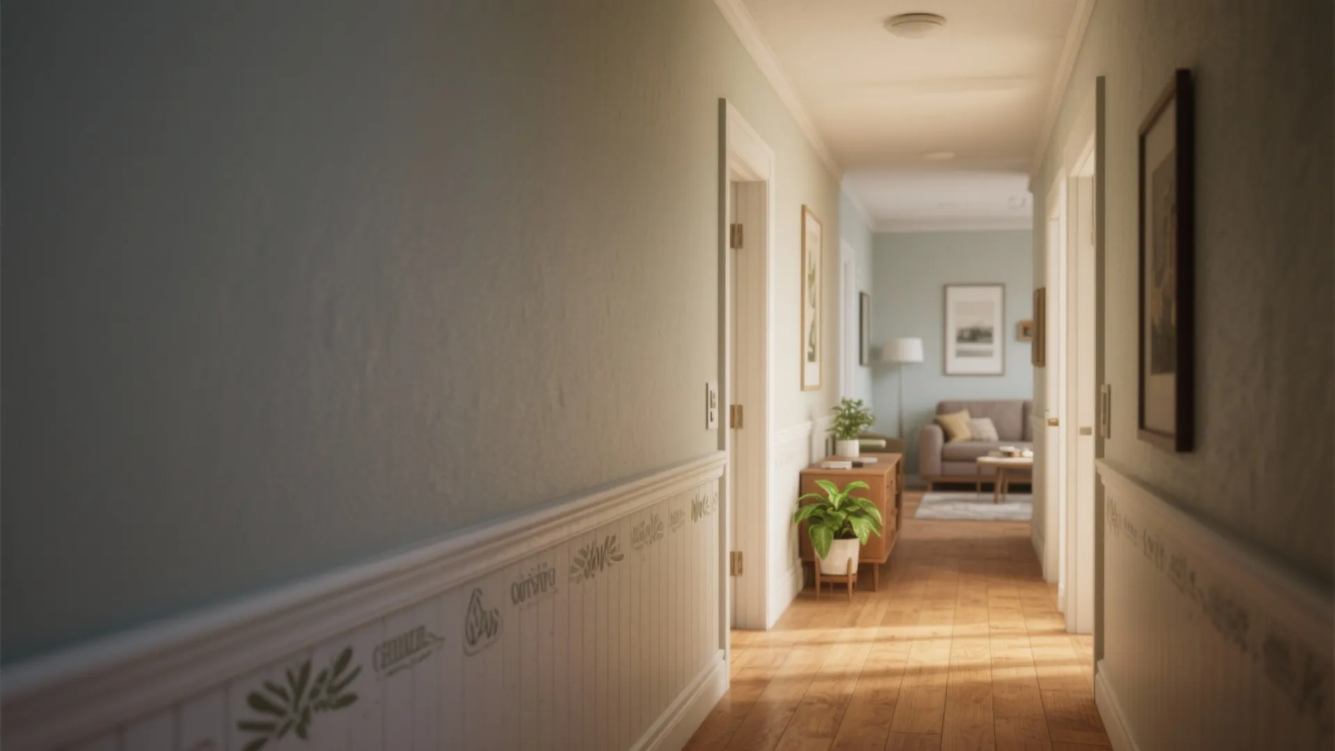 Modern hallway with green walls white wall panels wooden floors and view of living room