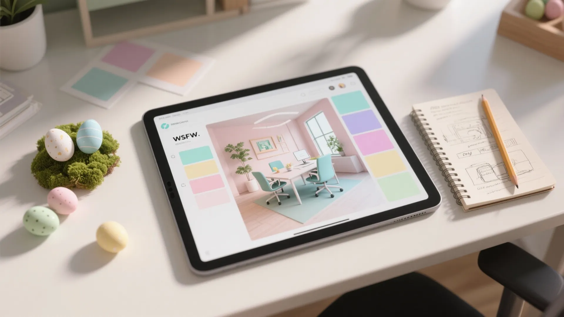 Tablet on white desk showing pink home office interior design drawing with colored eggs and pencil