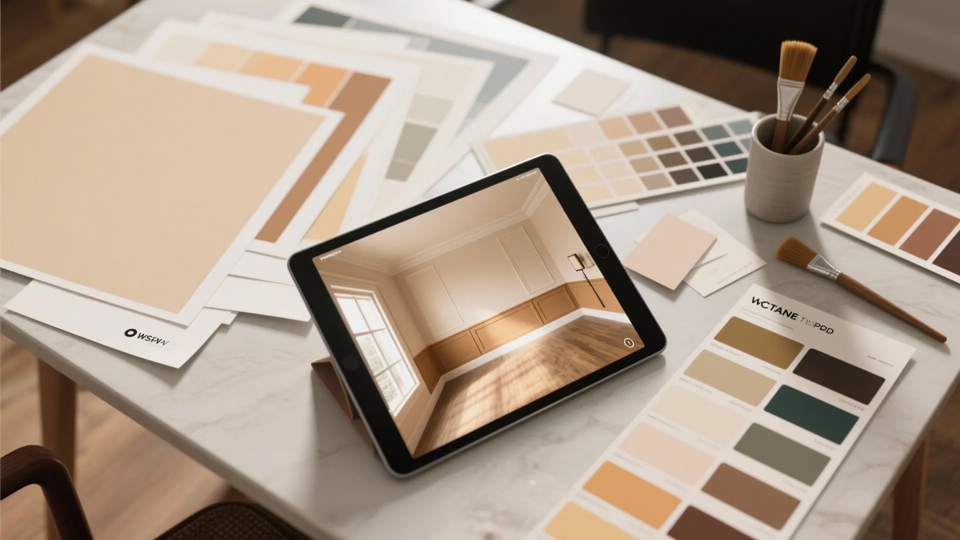 Interior design drawing on tablet screen with color swatches and paint brushes on marble table