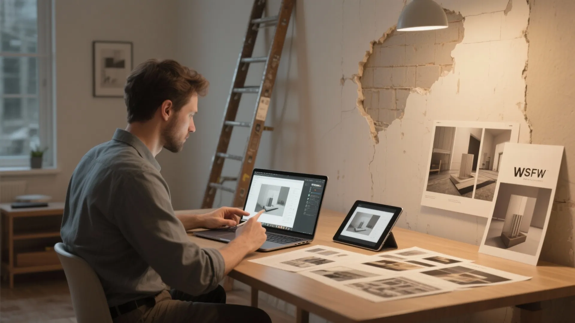 Designer reviewing photorealistic renderings of a wall repair on a laptop to preview touch-up options.