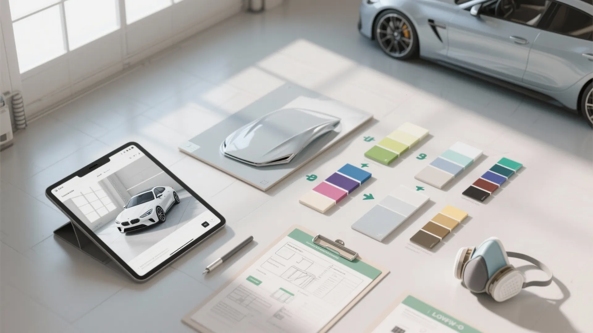 Top-down view of a workflow: sample panels, 3D render, and ventilation planning for safe application.