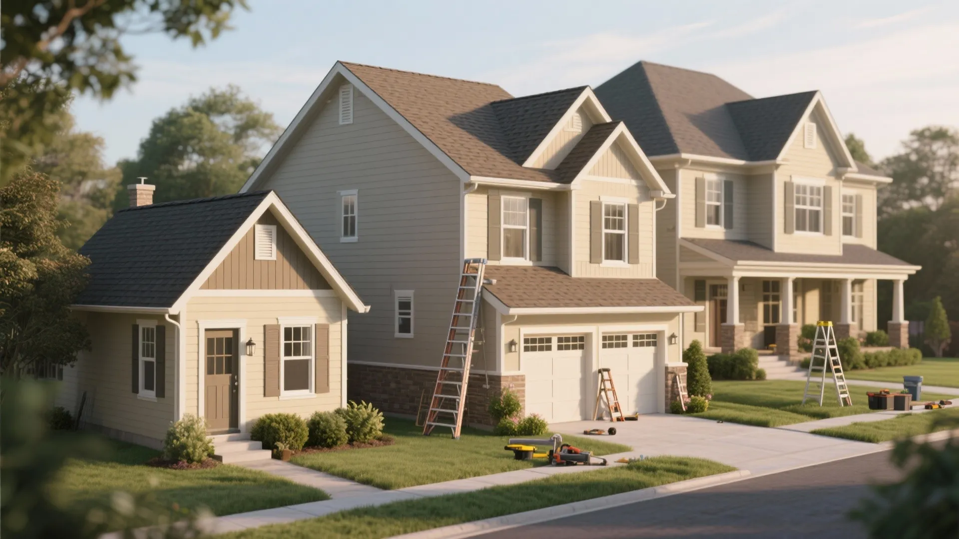 Suburban street with two story houses featuring tan siding brown roofs and white garage doors
