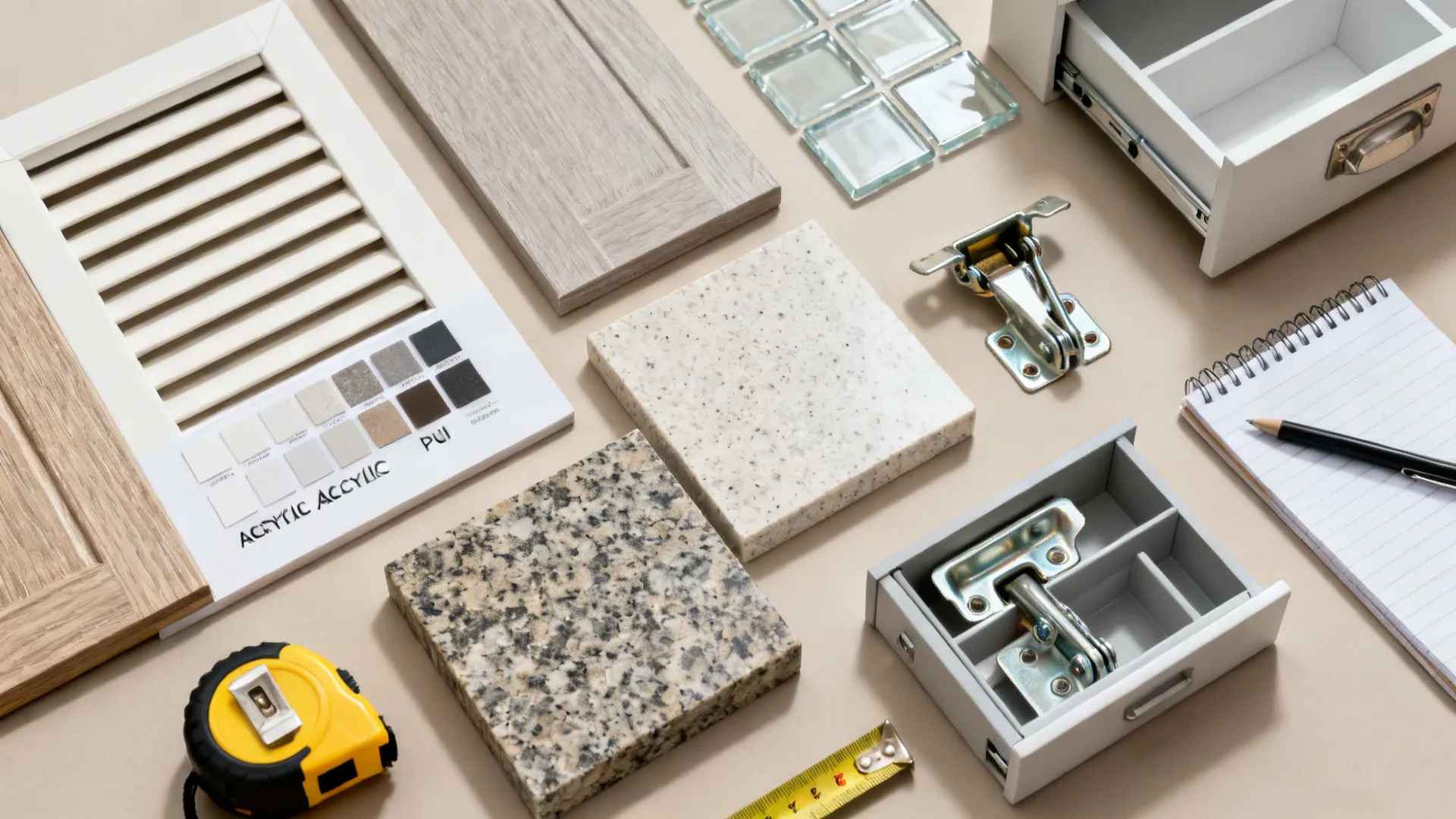 Kitchen material samples with stone tiles wood boards cabinet hinges measuring tape and a notebook