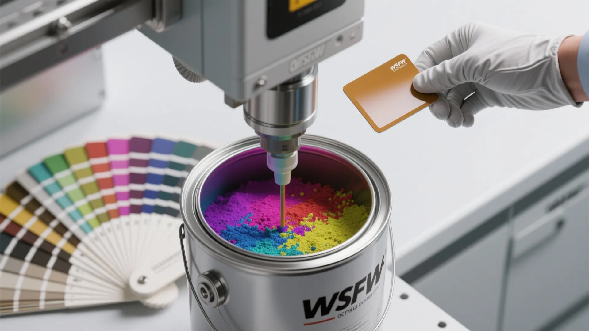 Industrial machine mixing colorful pigment into a paint can next to a variety of color swatches