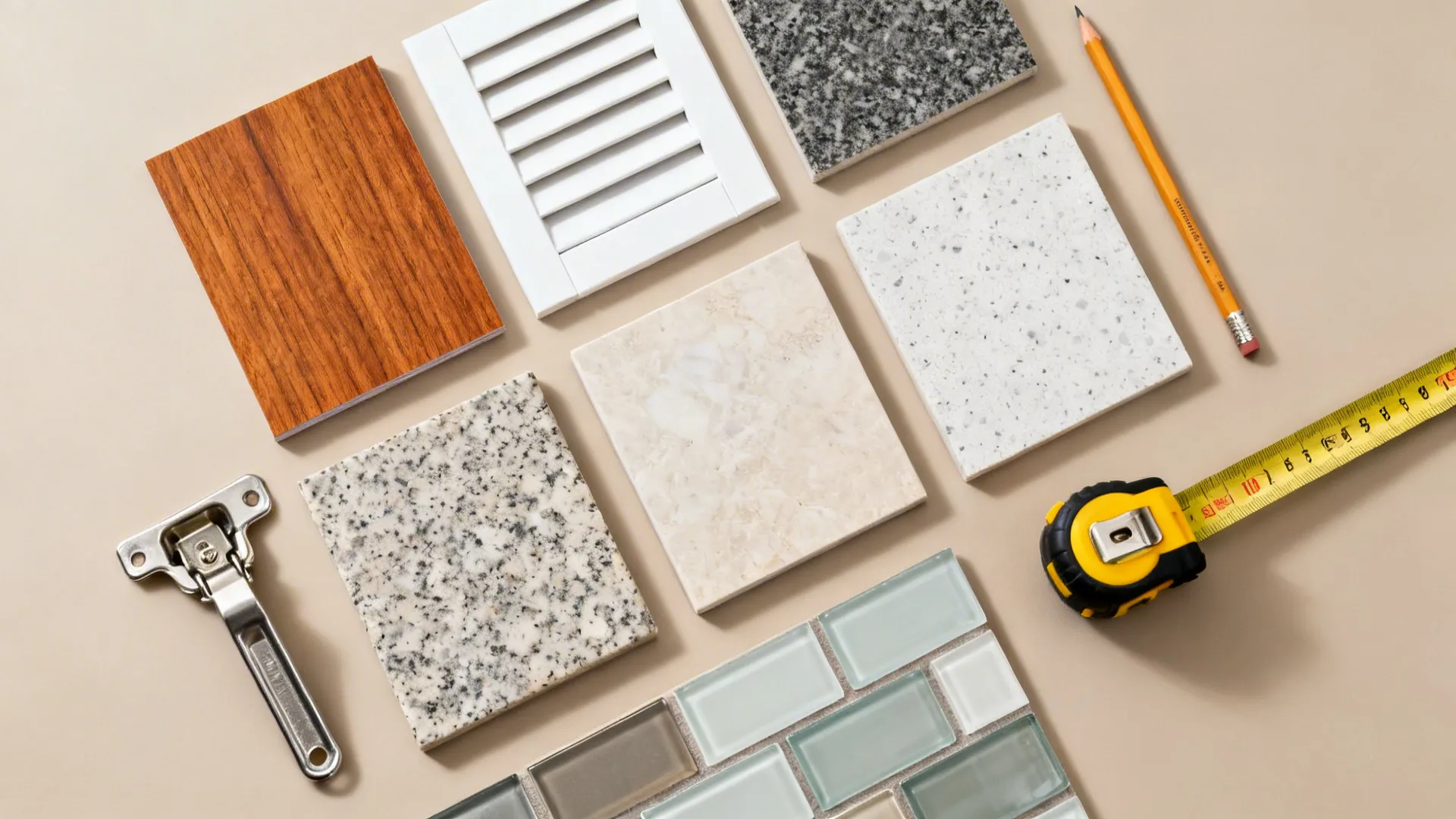 Flat lay of laminate, quartz, granite, tile, glass, and hardware samples for budgeting.
