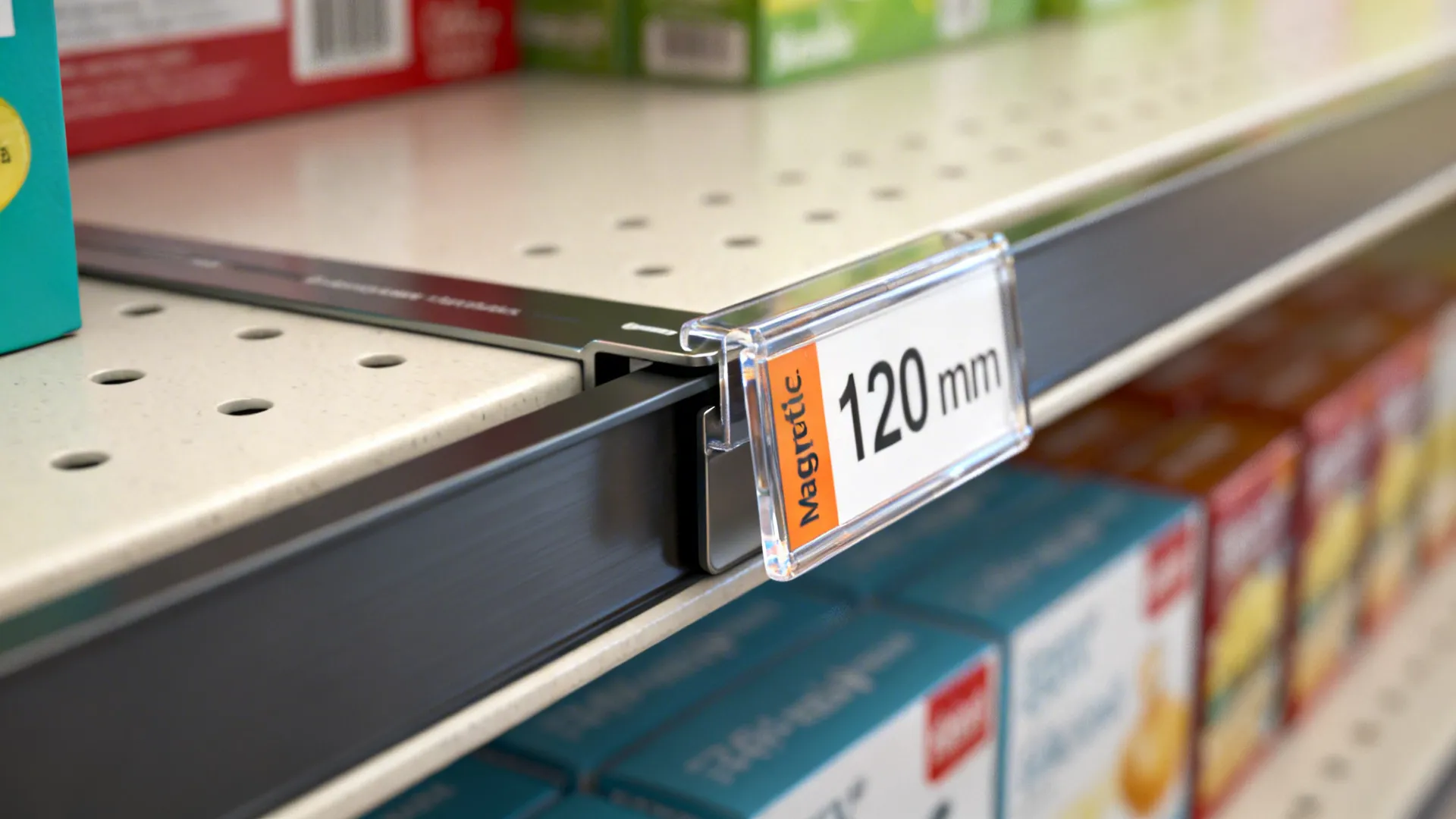 Close-up of a premium magnetic price rail and matte brand story strip.