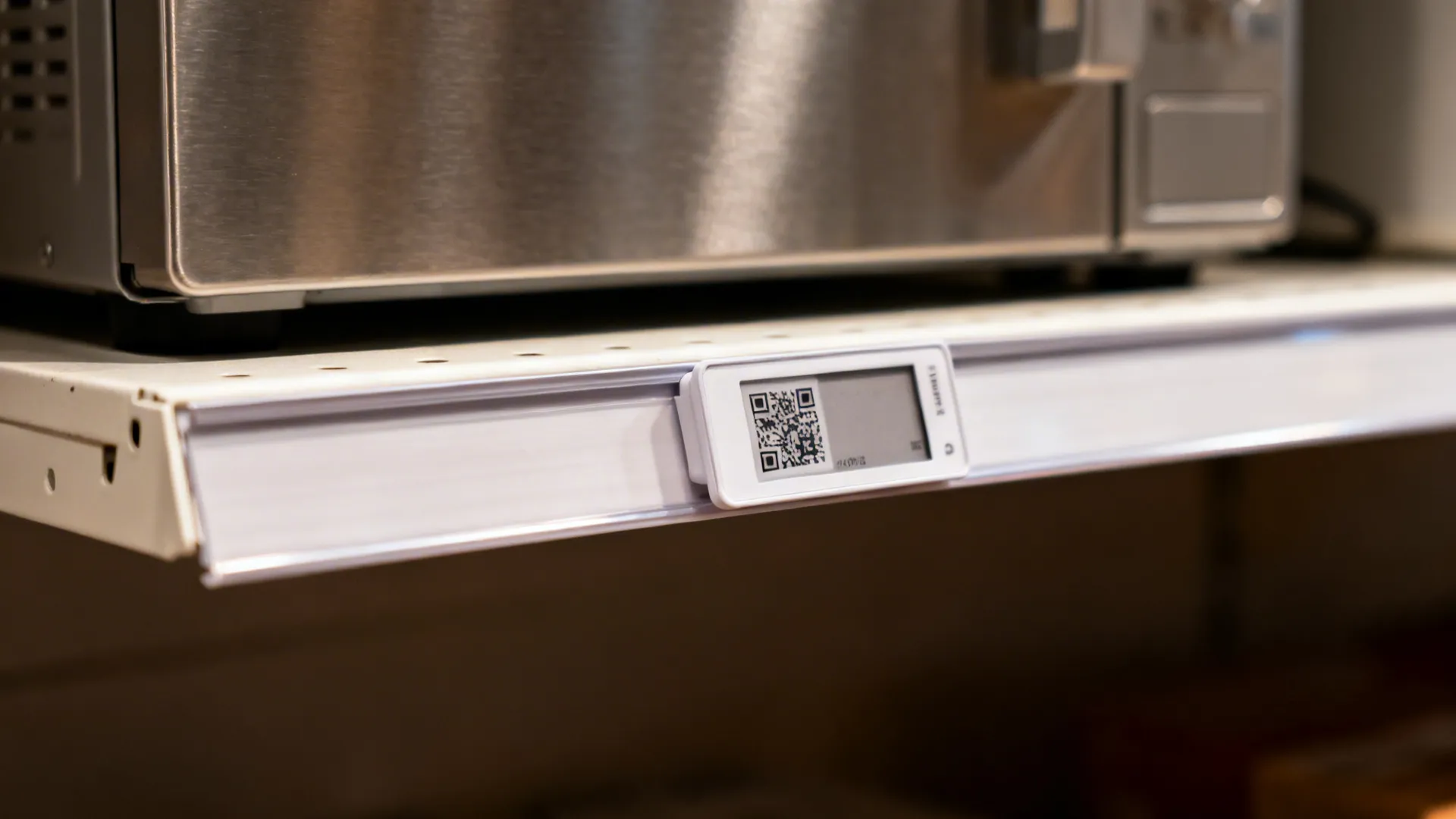 Close up of a digital price tag with a QR code on a store shelf