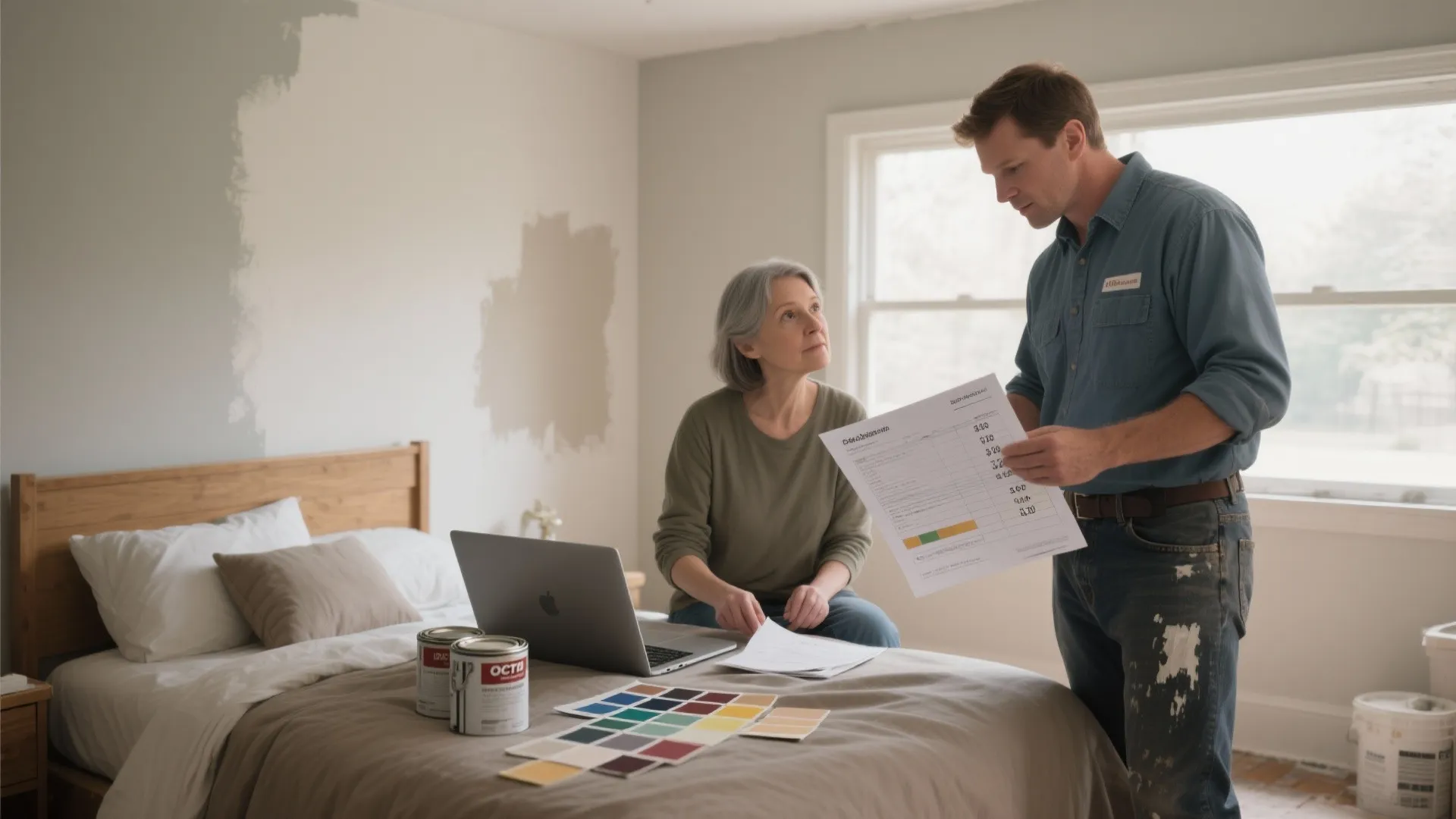 Homeowner and painter reviewing an itemized painting quote and paint swatches in a small bedroom.