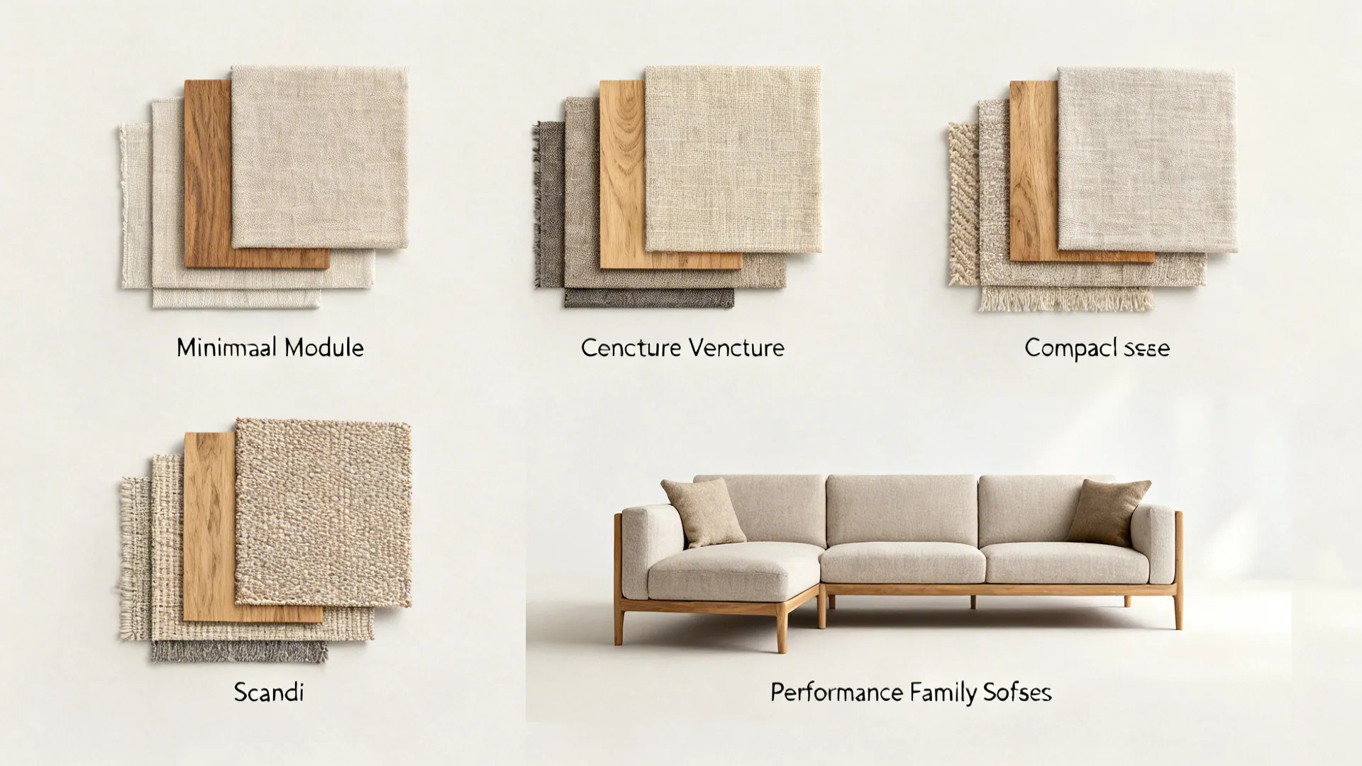 Flat lay of five material clusters illustrating sofa set types and textures.
