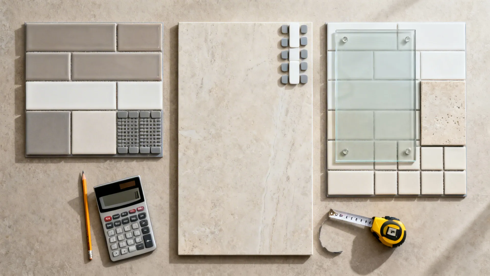 Flatlay of ceramic, porcelain, and glass backsplash samples arranged as three cost scenarios.