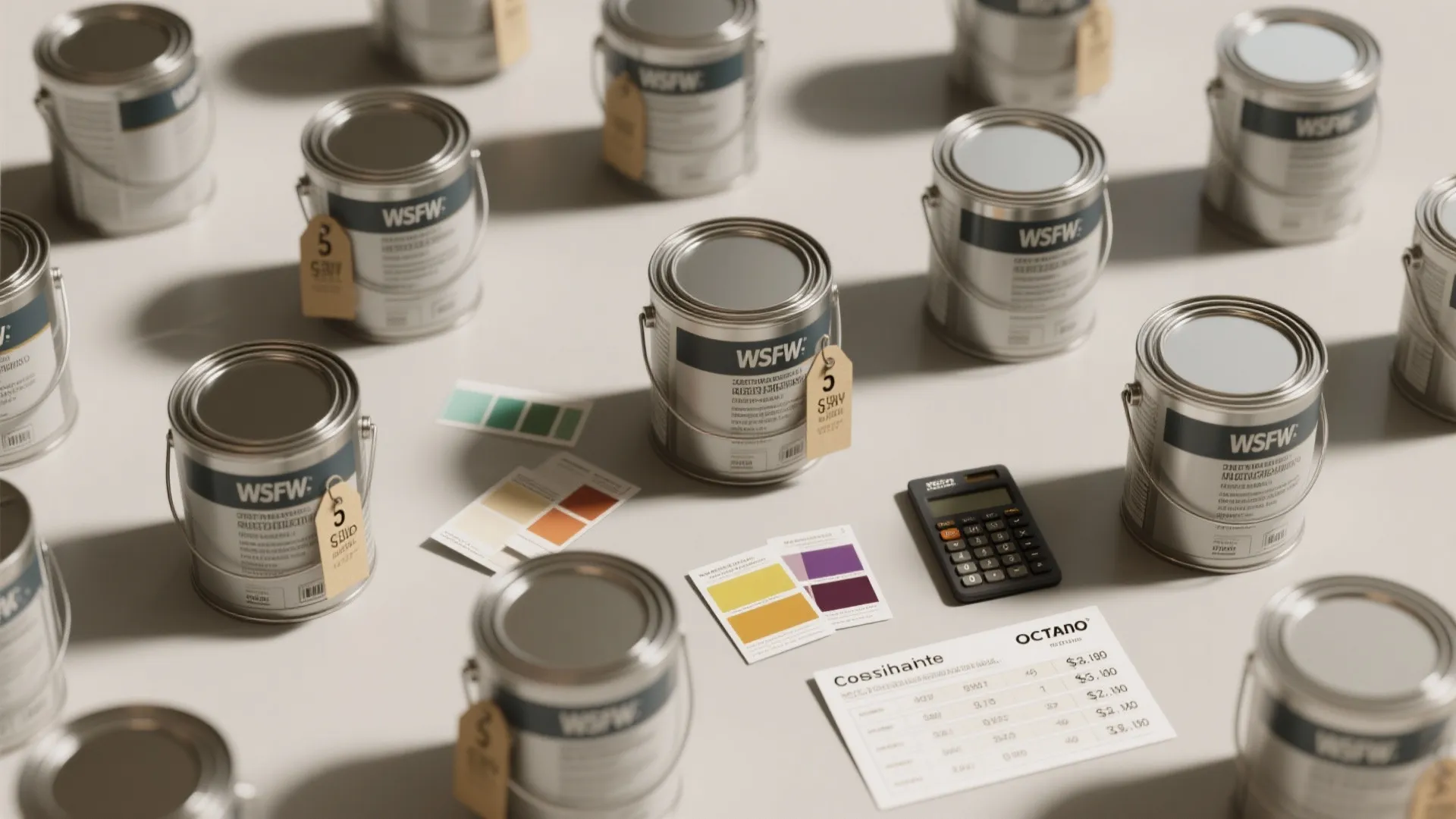 Many silver paint cans with price tags sitting on a table with color swatches and calculator