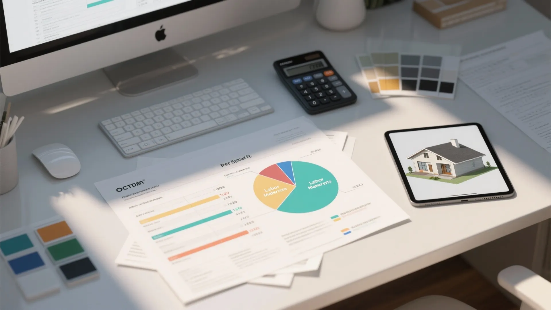 Top-down view of estimate sheets, pie chart, calculator and tablet illustrating pricing and labor vs materials.