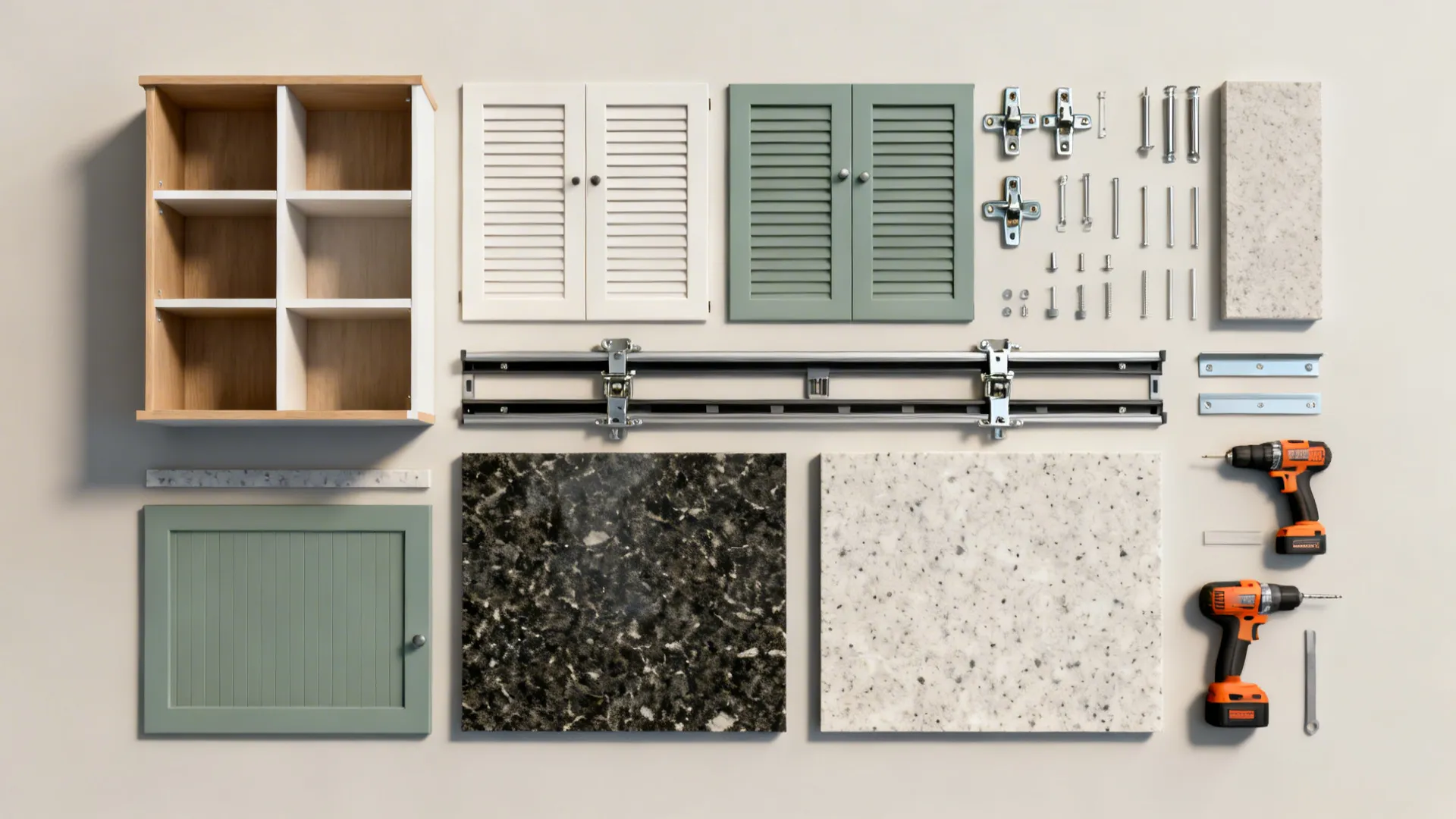 Top-down visual of carcass, shutters, hardware, countertop, and tools representing pricing layers.
