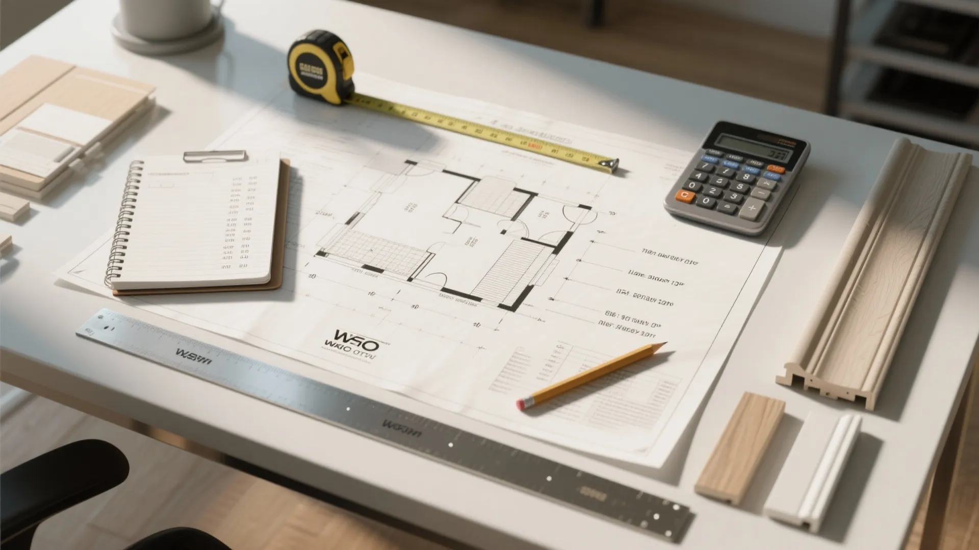Office desk with a floor plan, tape measure, calculator, notebook, pencil, and wood trim samples