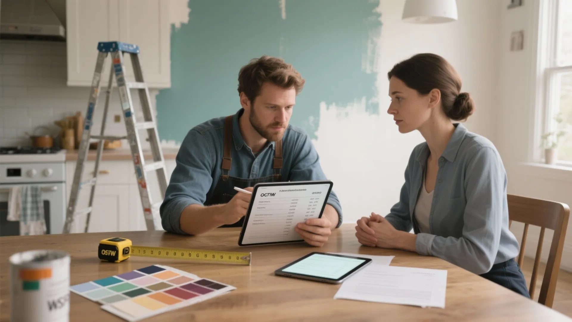 Painter and client reviewing an itemized painting quote on a tablet with tape measure and swatches on the table.