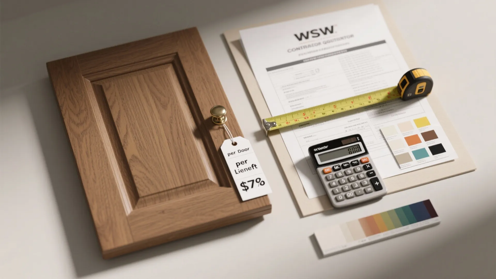 Top-down flatlay of a cabinet door sample, pricing tags, quote sheet, and measuring tape.