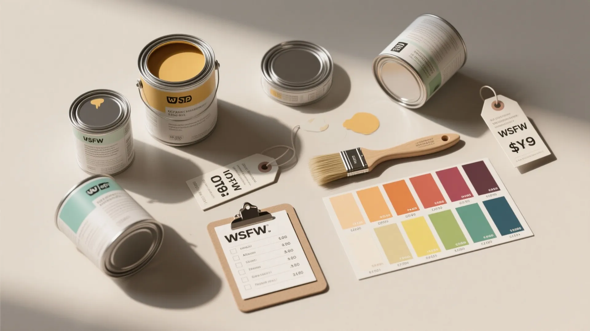 Multiple paint cans and a color palette next to a clipboard for home renovation projects