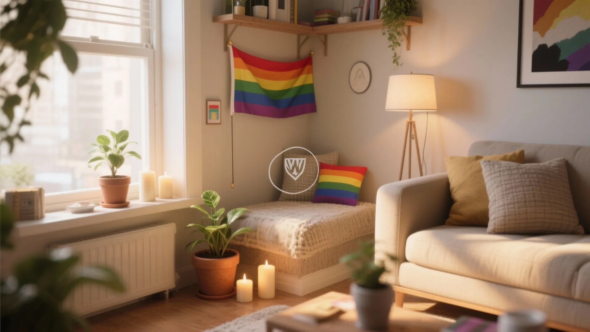 Cozy living room corner with rainbow pride flag wall hanging floor lamp candles and potted plants