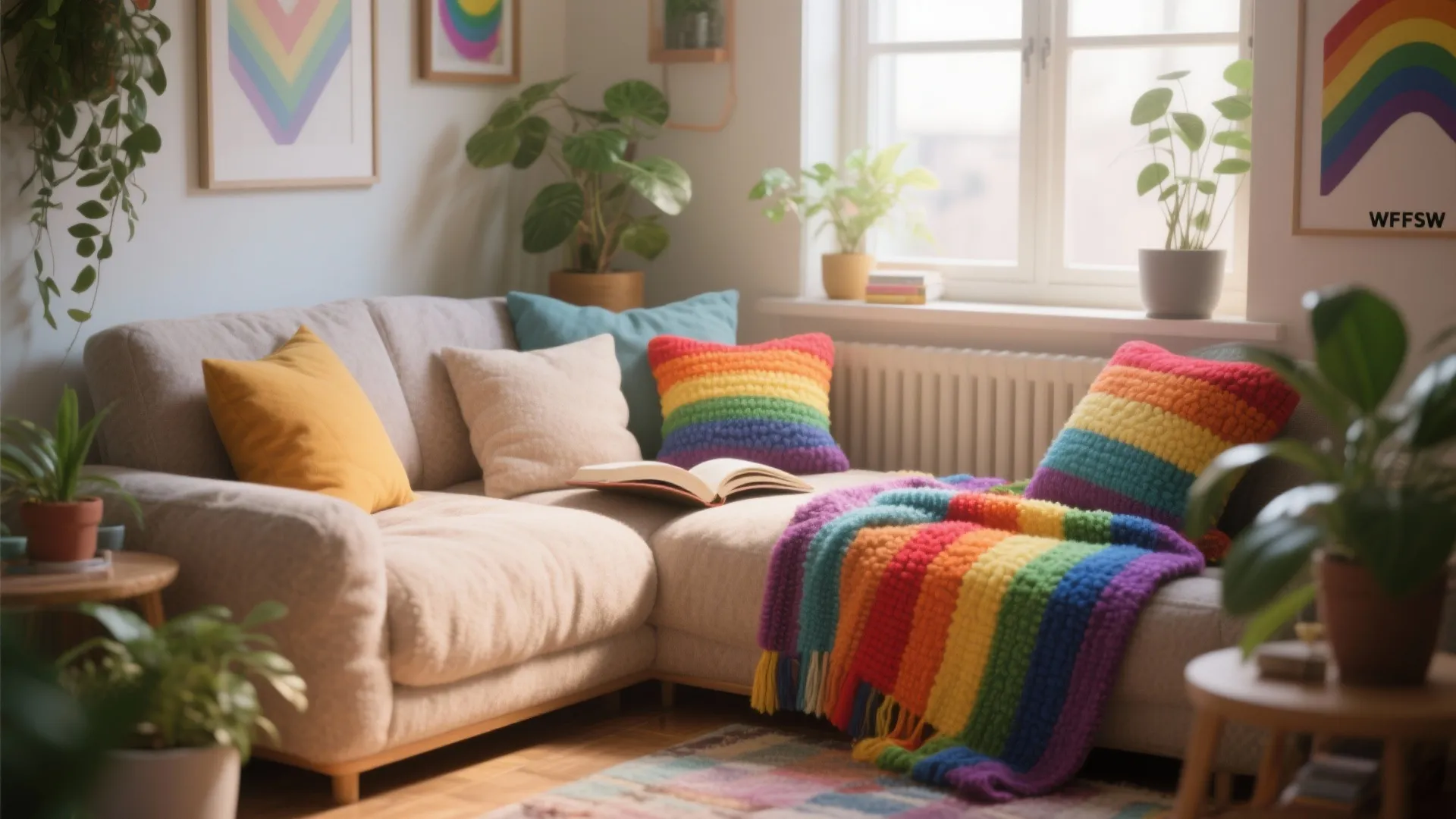 Comfortable reading nook with Pride textiles and plants