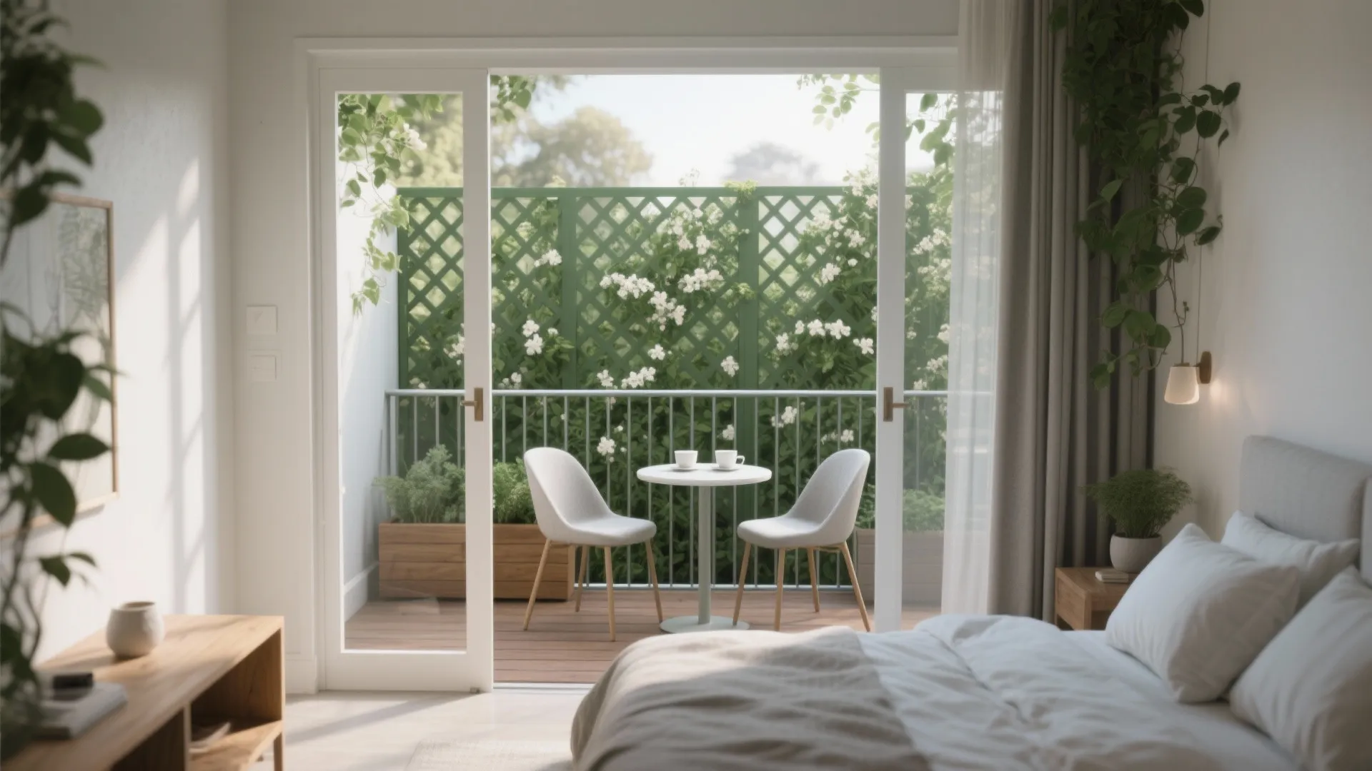 Cozy bedroom with open glass doors leading to balcony with small table chairs and green plants