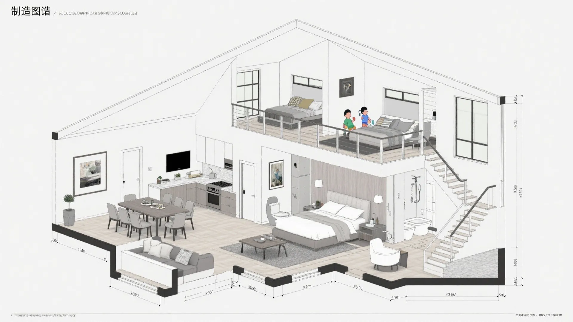 Modern house interior design drawing showing two levels with kitchen dining living and bedroom layout