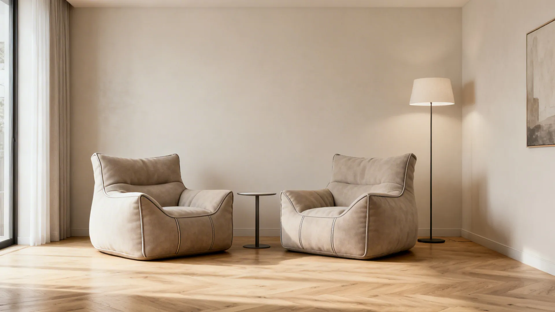 Two structured high-back bean bags with a slim side table and floor lamp in a small living room.