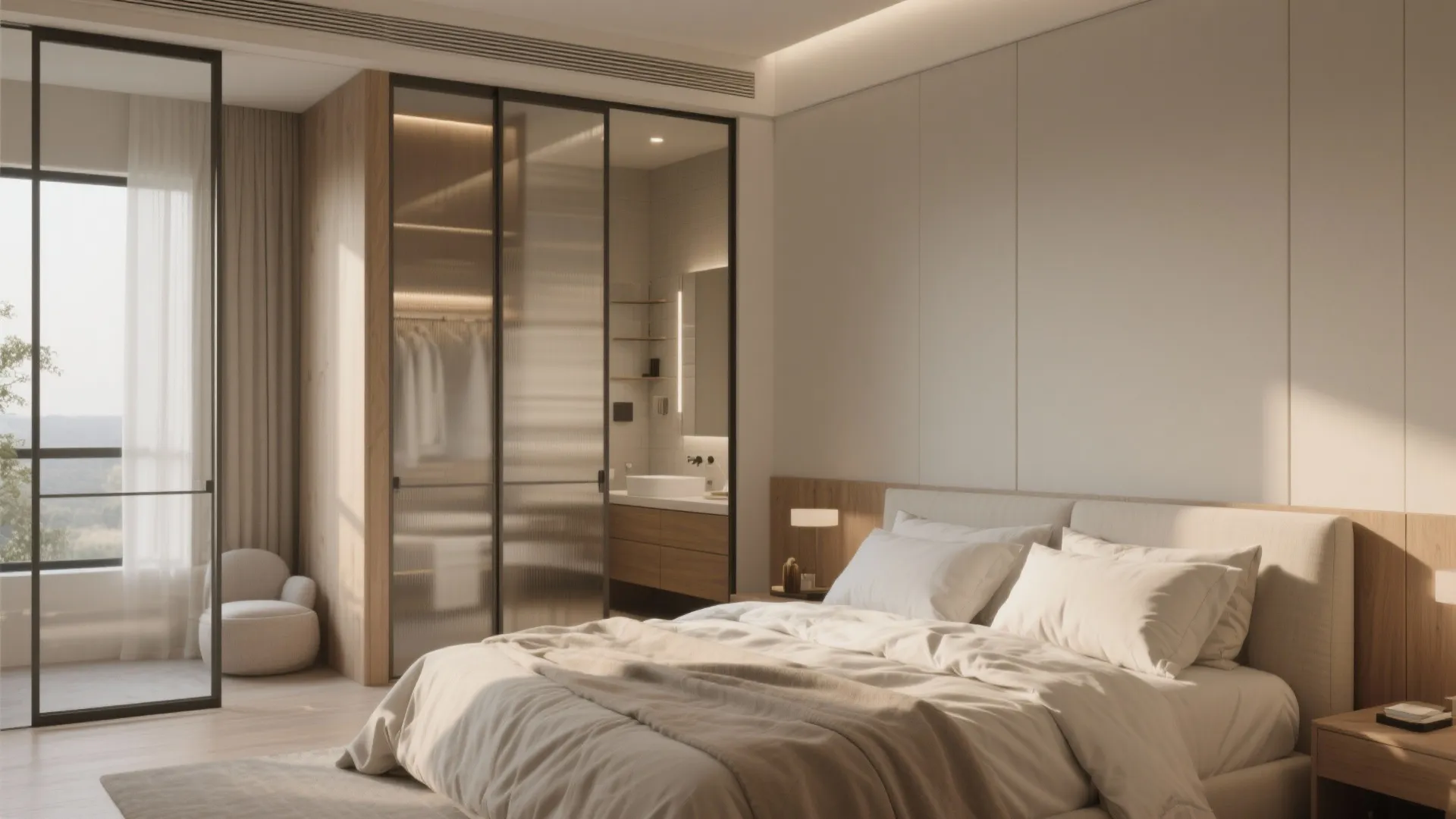 Modern bedroom with beige bedding and a glass wall that looks into a private bathroom