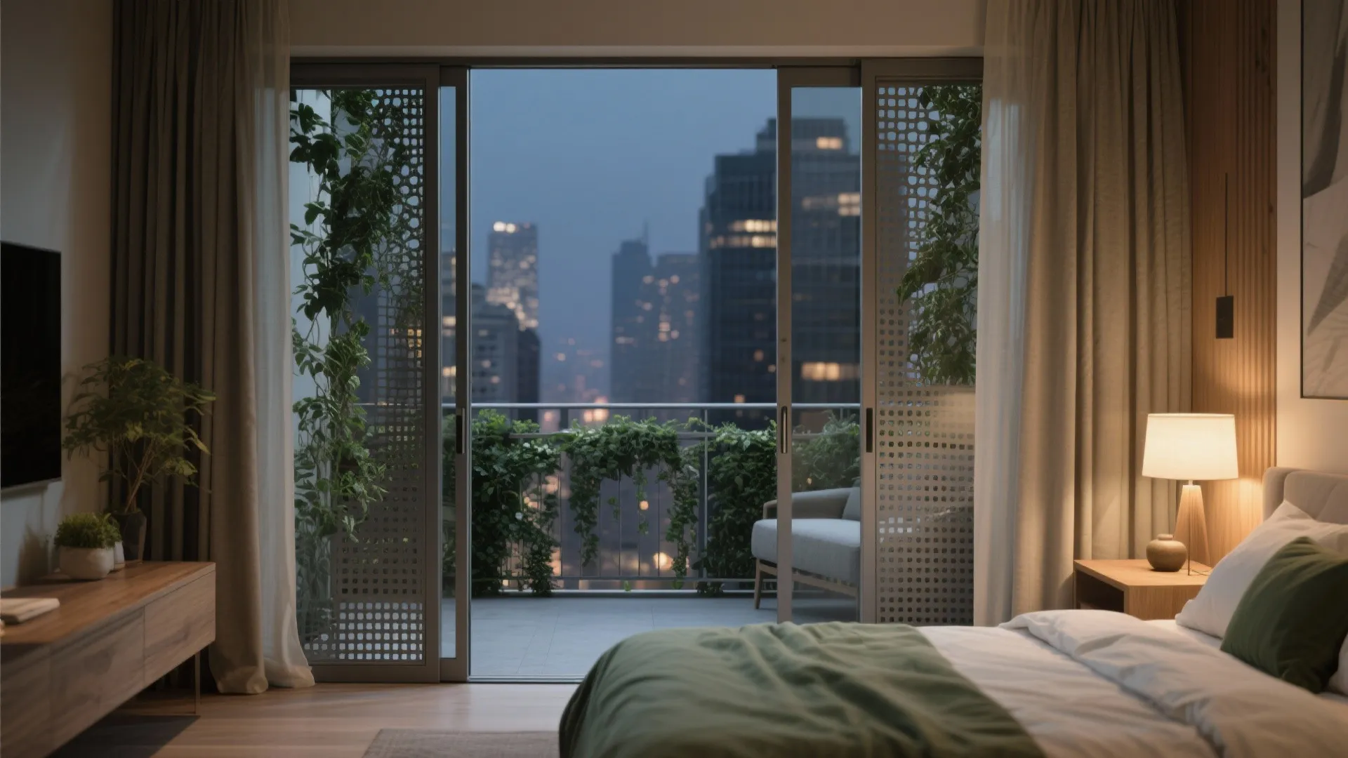 Primary bedroom opening to a screened balcony with perforated metal and climbing plants for acoustic privacy.