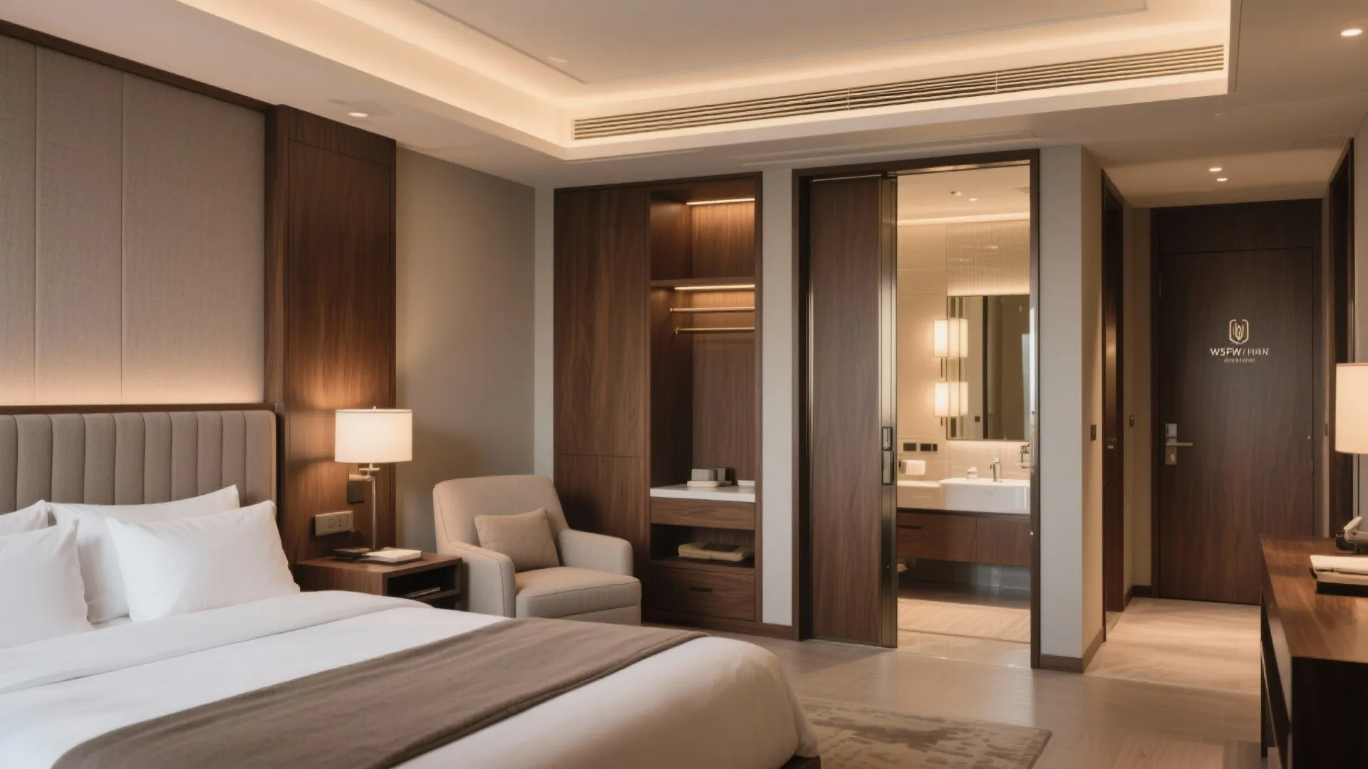 Modern bedroom with wooden wall panel, comfortable bed, armchair, and view into a private bathroom