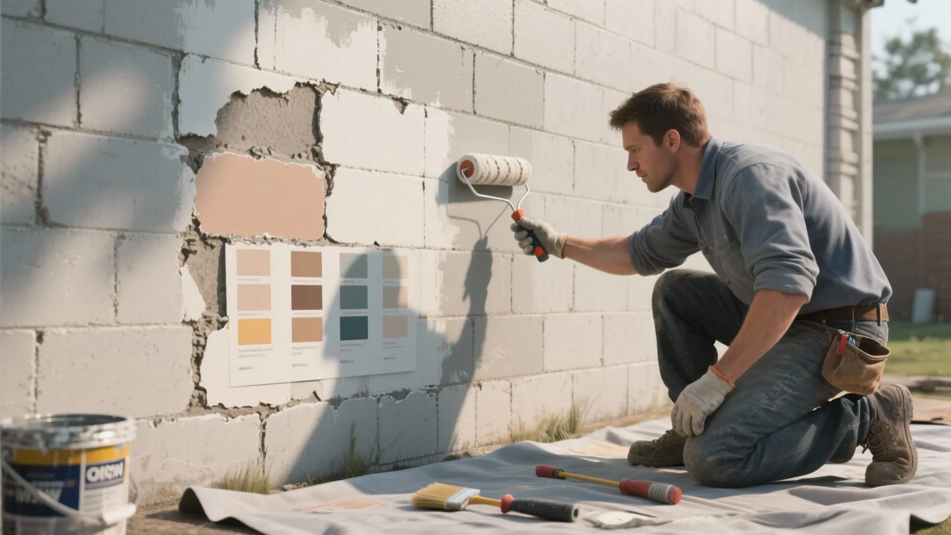 Man kneeling and painting a brick wall using a roller next to a color palette
