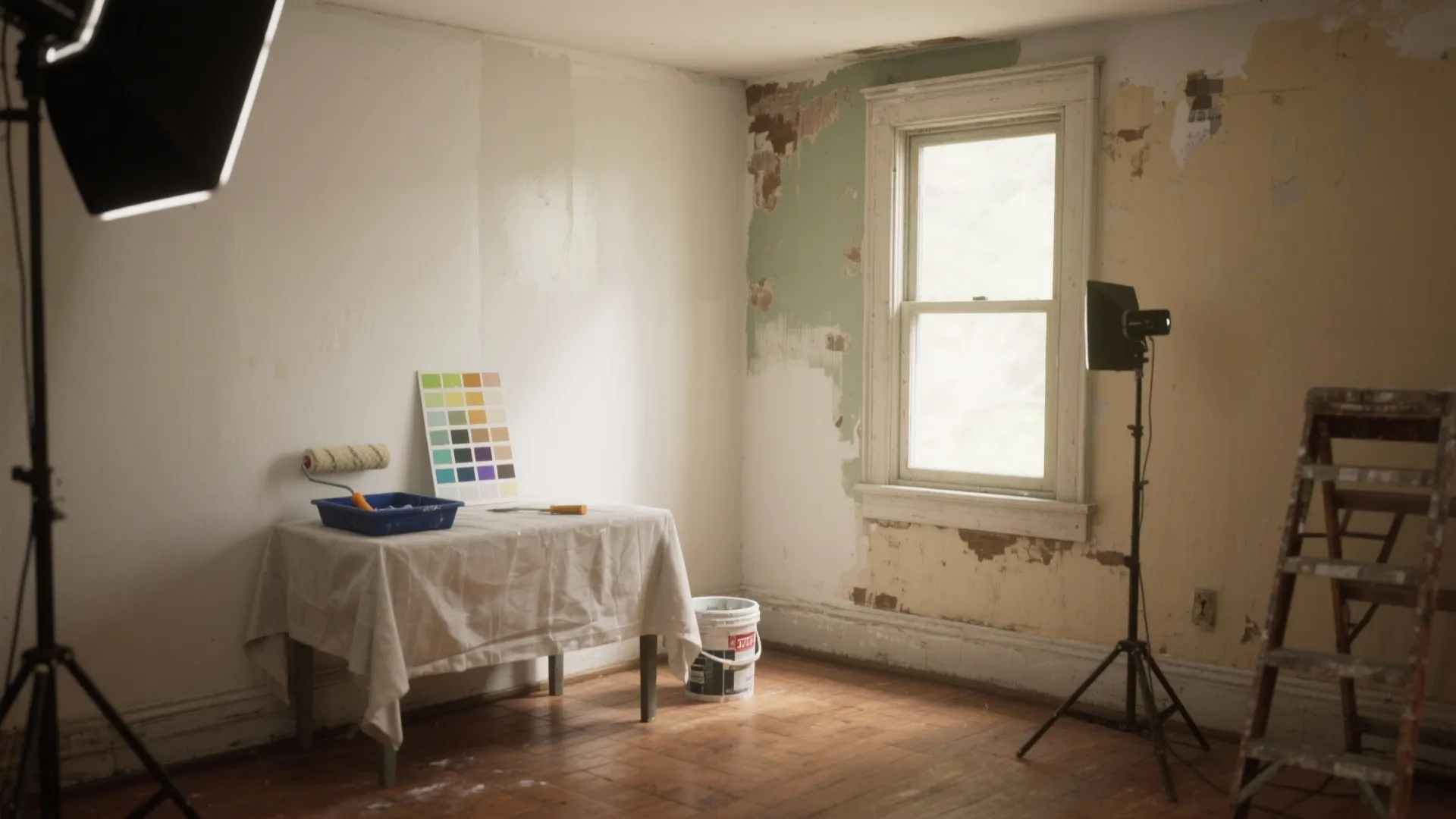 Interior room renovation featuring a table with paint tools, window, wooden floor, and studio lights
