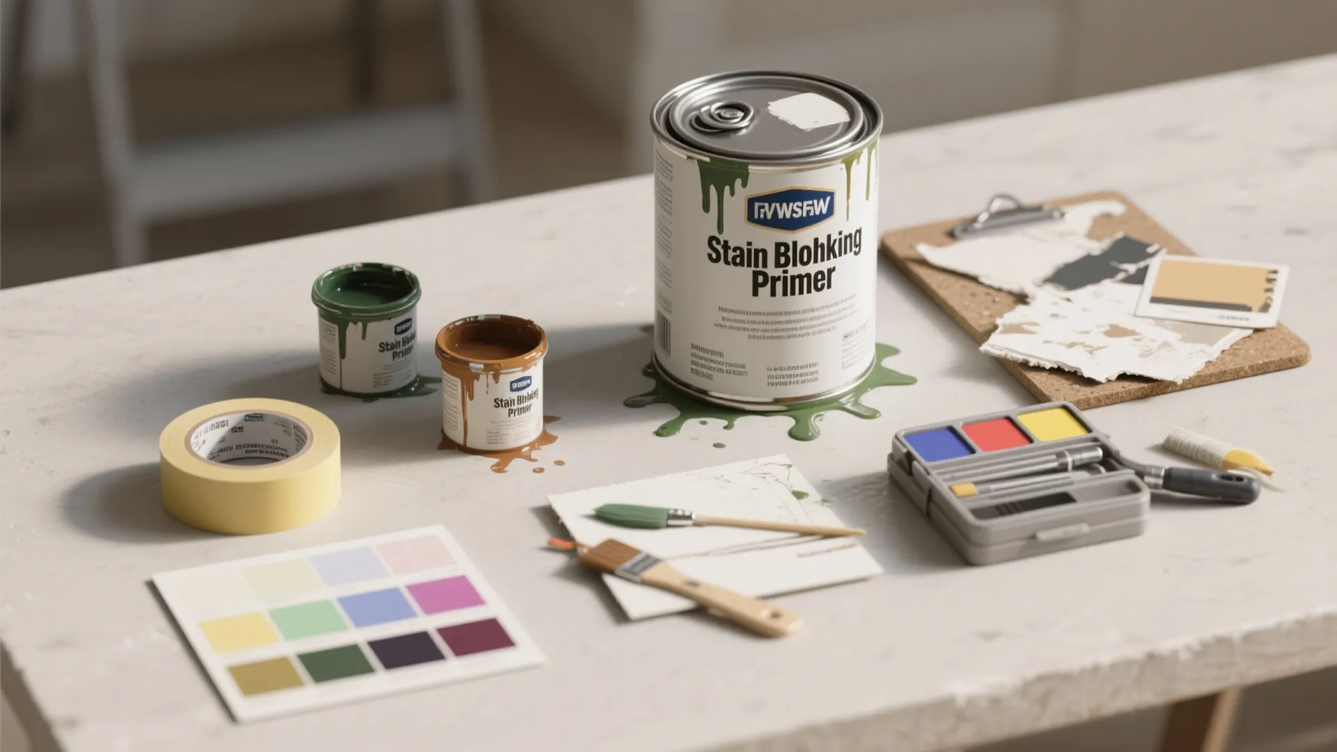 Stain blocking primer cans on white table with color palette paint brushes and masking tape